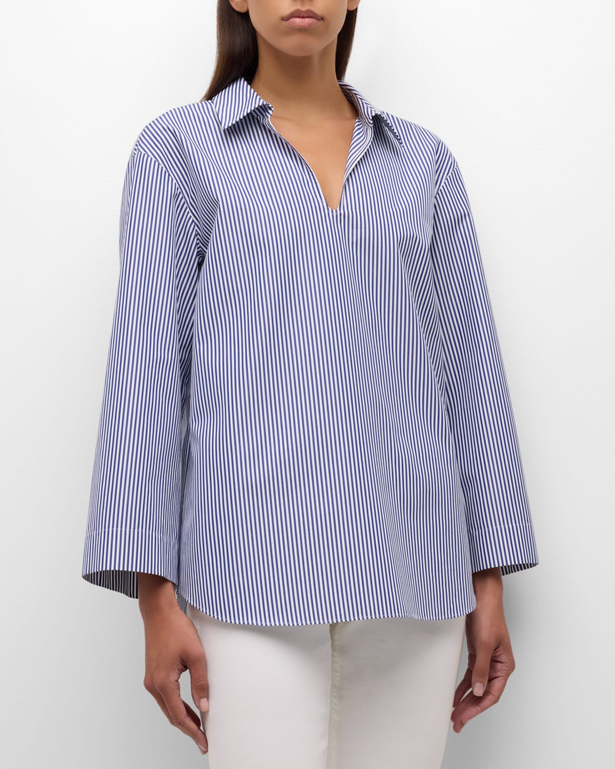 Shop Lafayette 148 Striped Bracelet-sleeve Cotton Shirt In Sky Multi