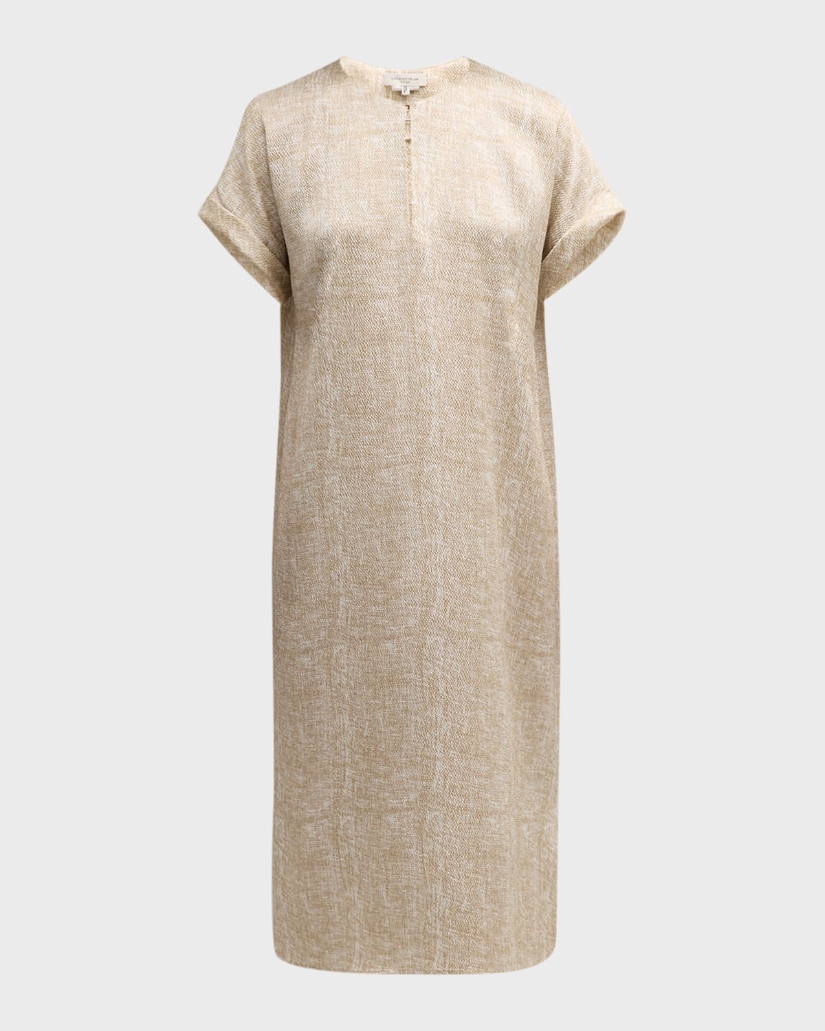 Lafayette 148 Crinkled Burlap-print Silk Midi Shift Dress In Cadet Khaki Multi