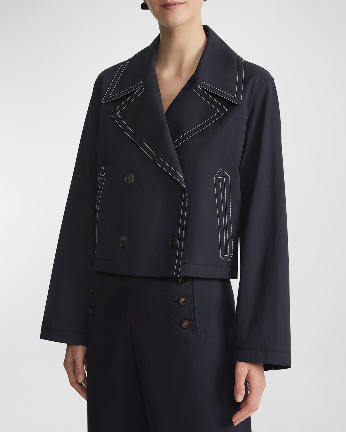 Shop Lafayette 148 Double-breasted Topstitch Jacket In Navy