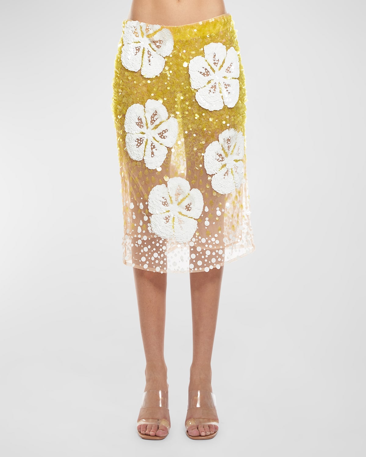Shop Des Phemmes Sequined Hibiscus Midi Skirt In Lime