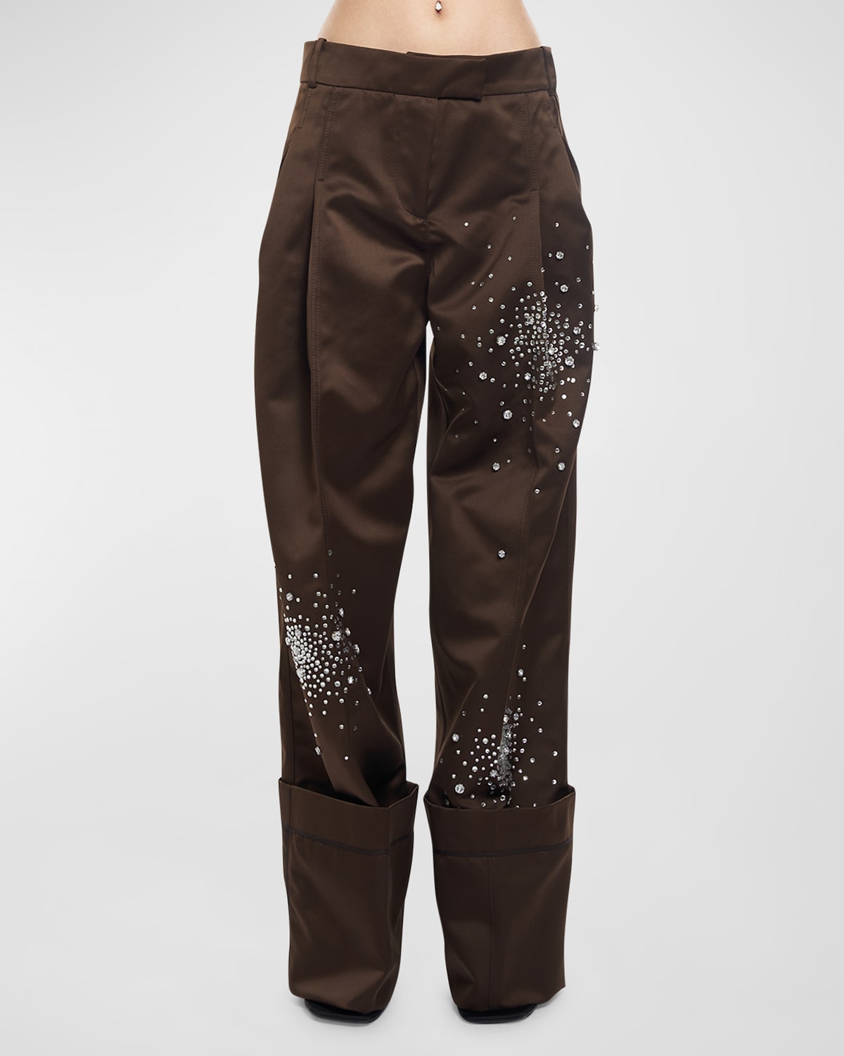 Shop Des Phemmes Oversized Embroidered Satin Pants In Chocolat