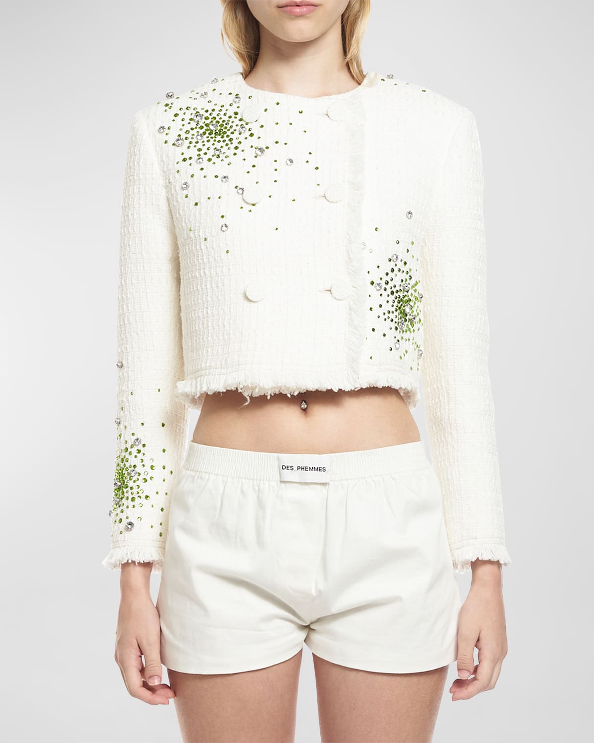 Shop Des Phemmes Embroidered Boucle Cropped Jacket In White