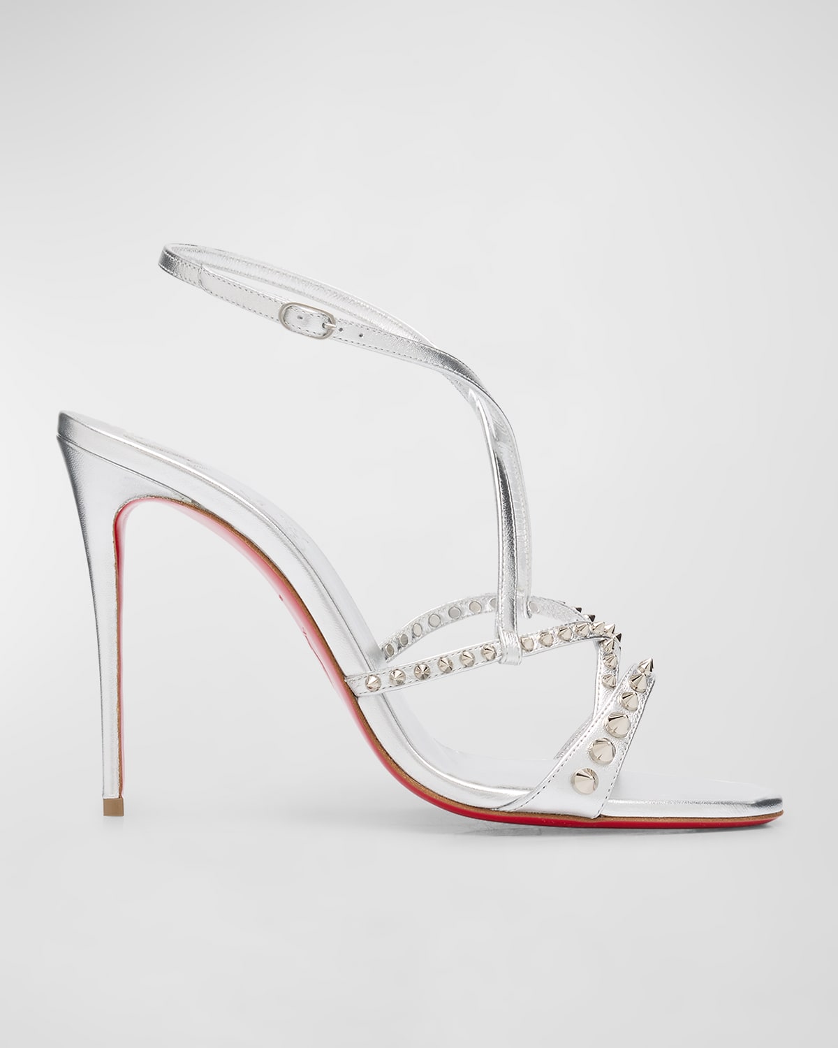 Shop Christian Louboutin Metallic Spikes Red Sole Sandals In Silver