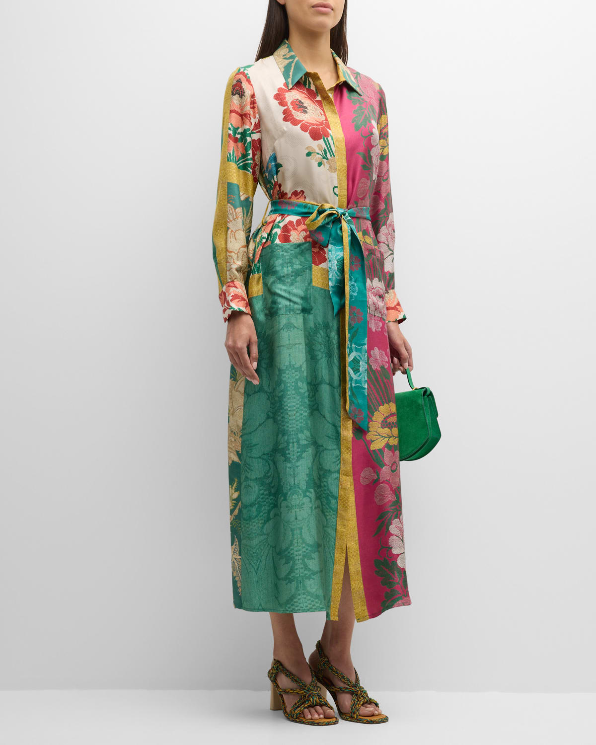 Colorblock Floral-Print Silk Midi Shirtdress