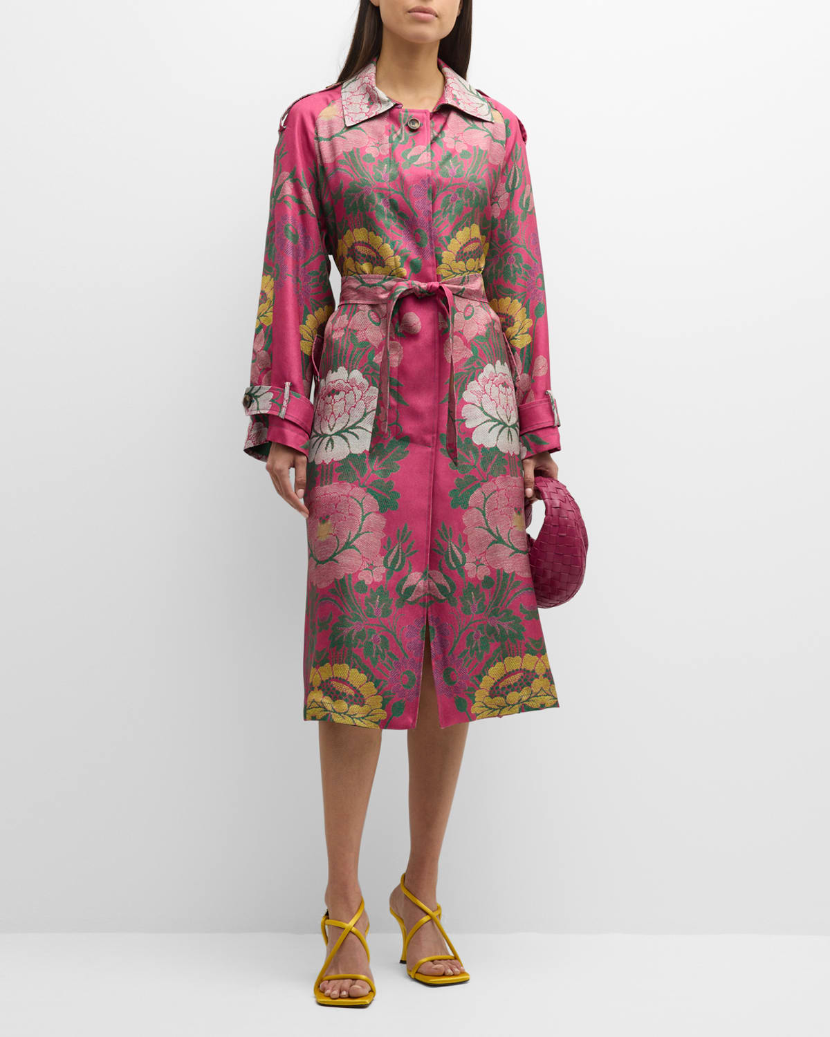 Floral-Print Silk Wrap Trench Coat
