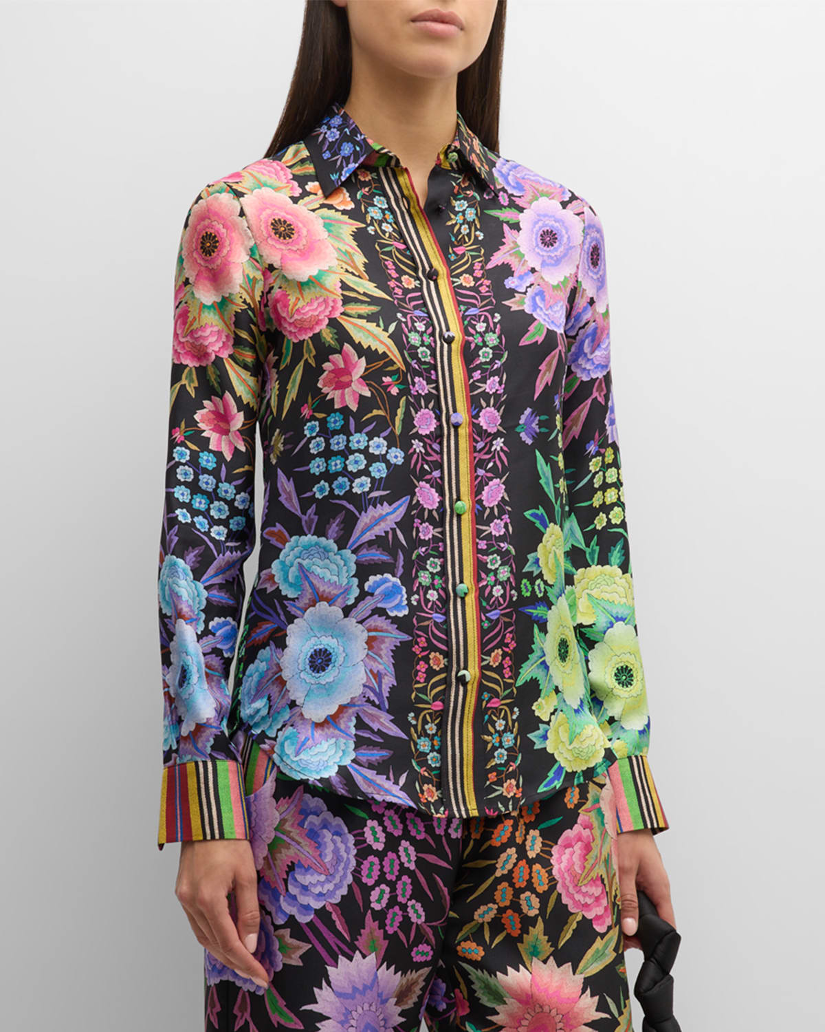 Floral-Print Button-Down Silk Shirt
