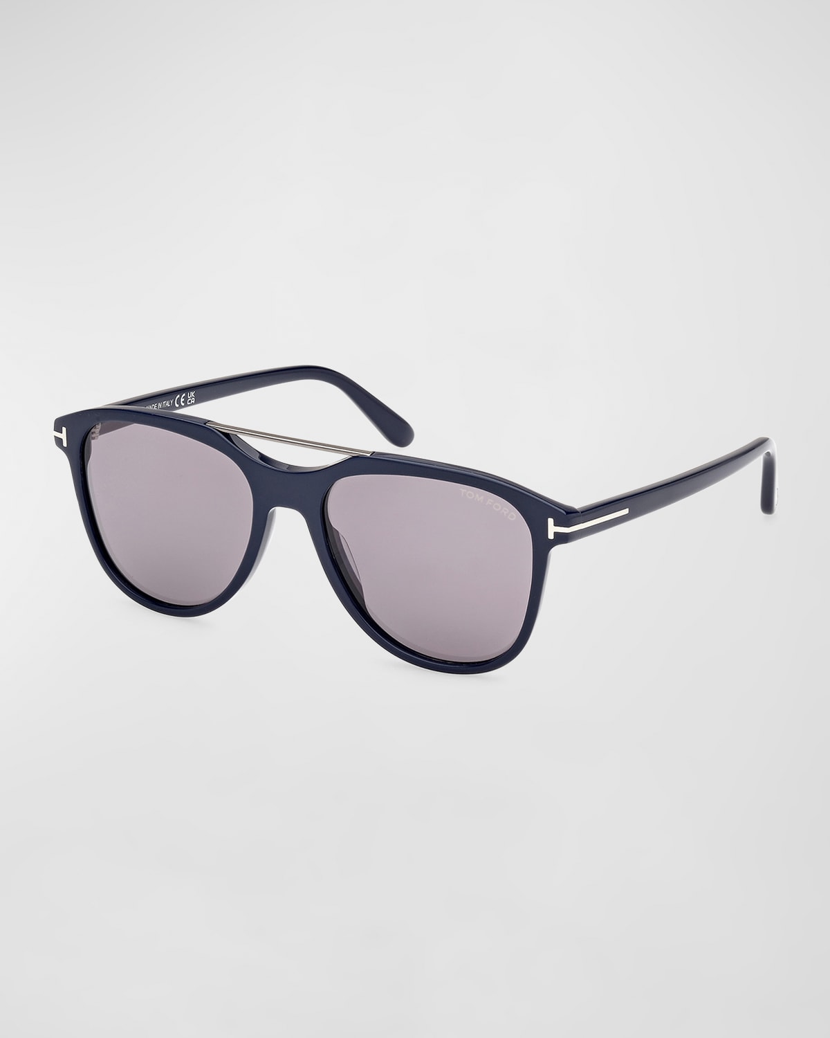 Shop Tom Ford Men's Damian-02 Acetate Oval Sunglasses In Shiny Navy Blue Light Smoke Mirror Lenses