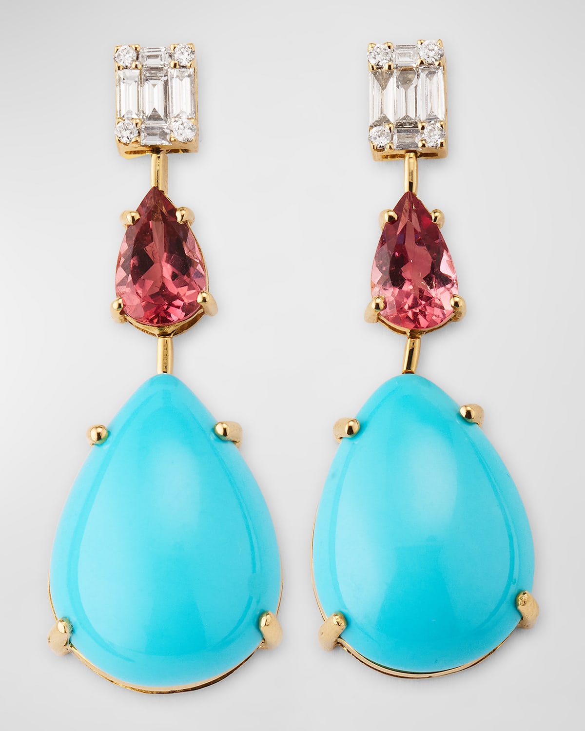 18K Yellow Gold Diamond, Pink Sapphire, and Turquoise Earrings