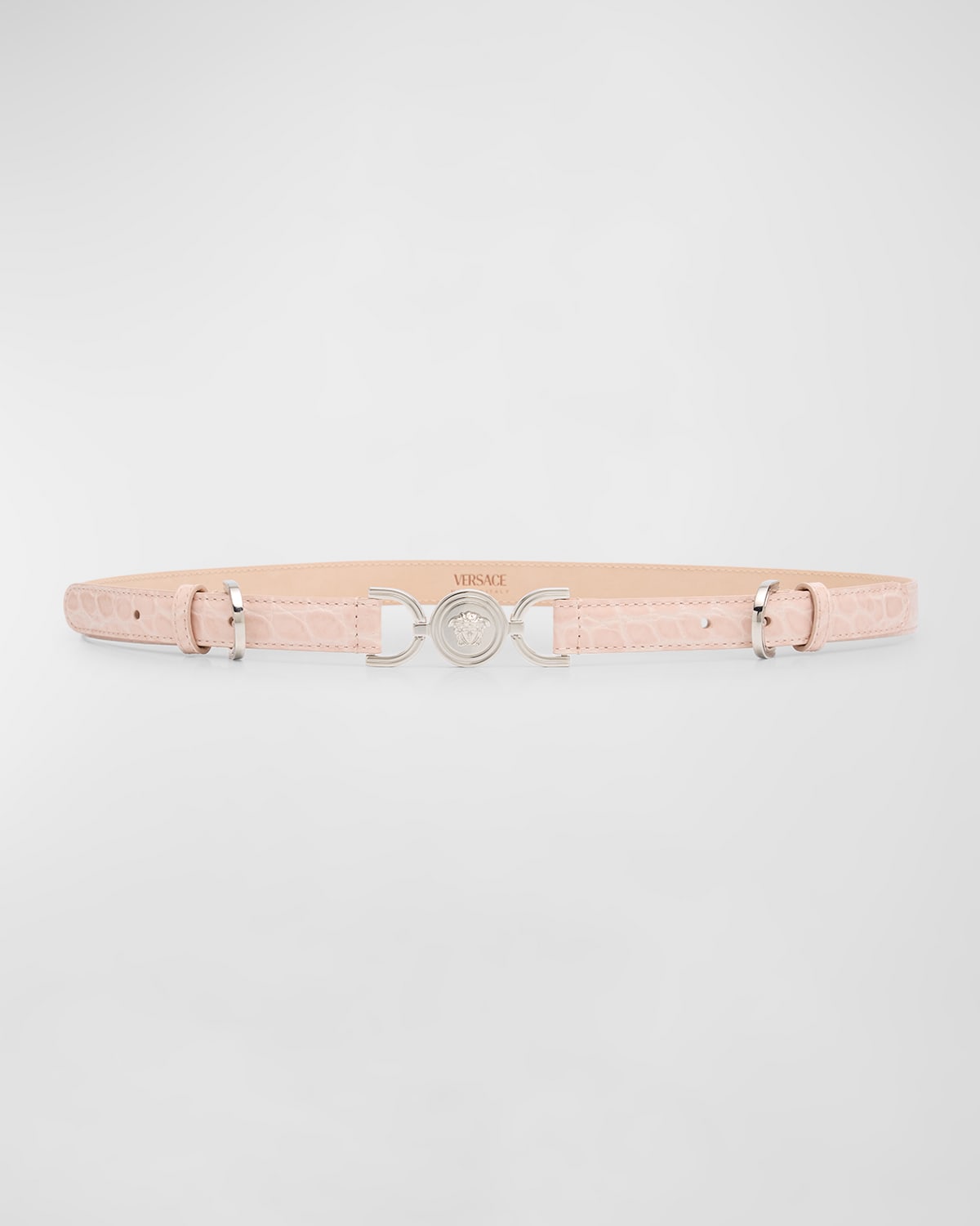 Versace Medusa Croc-embossed Leather Belt In Powder Blush Palladium