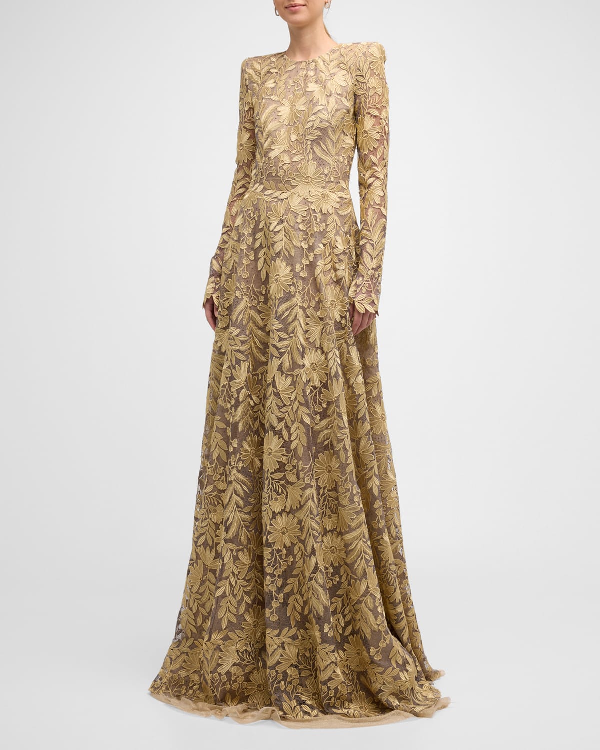 Naeem Khan Floral Embroidered Long-sleeve Strong-shoulder Gown In Gold Silver