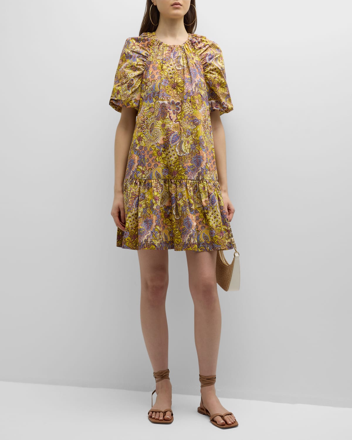 Greta Floral-Print Flounce Mini Shift Dress