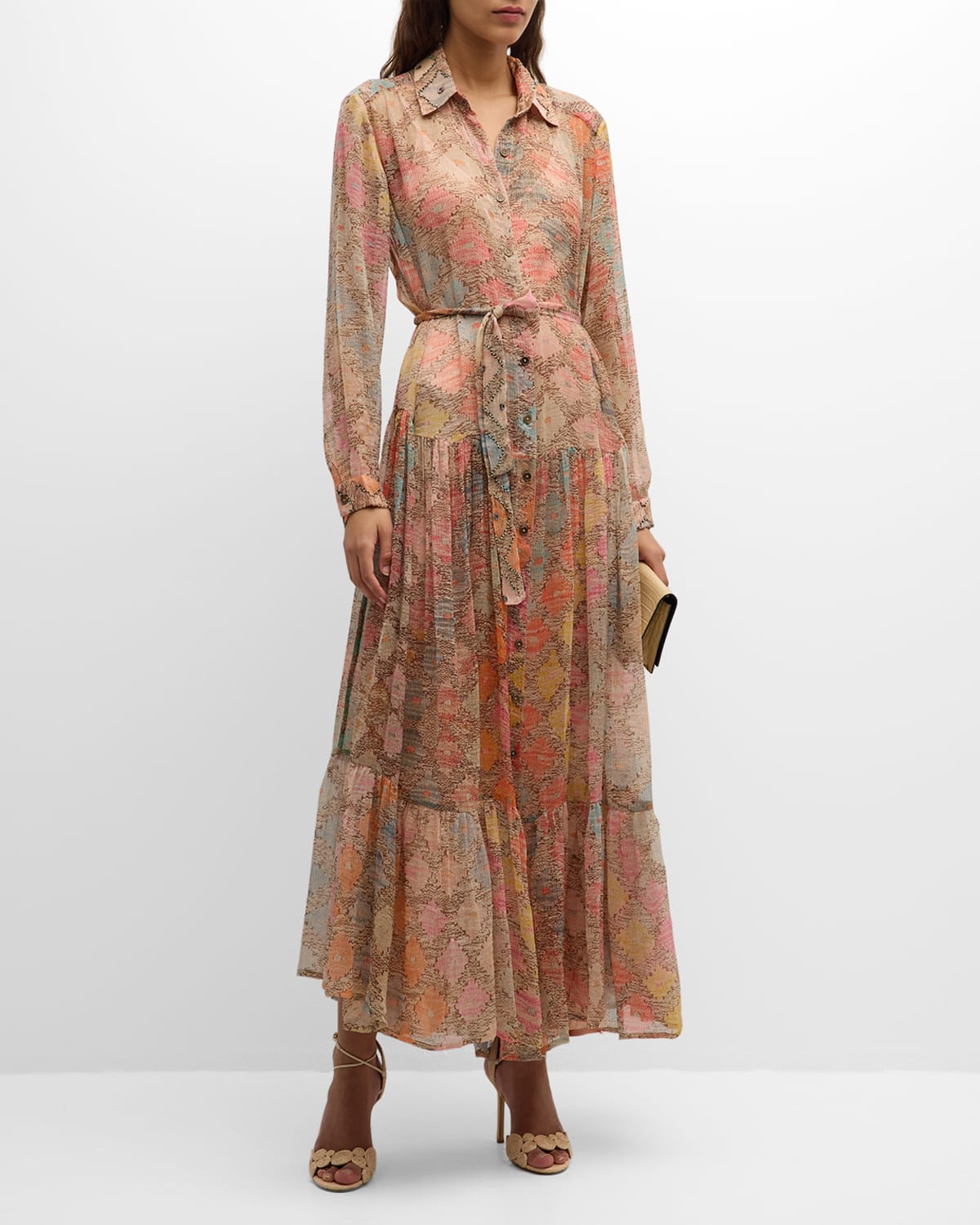 Odette Tiered Abstract-Print Maxi Shirtdress