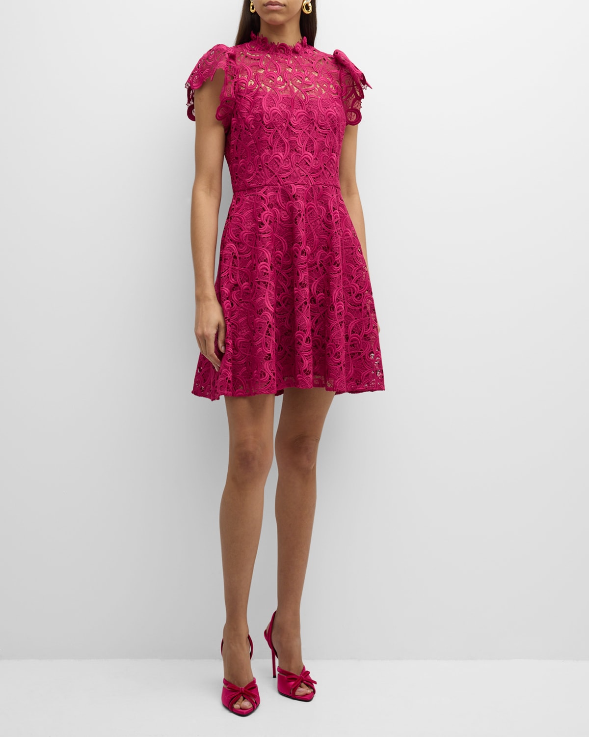 Shop Shoshanna Everlie Mock-neck Heart Lace Mini Dress In Magenta