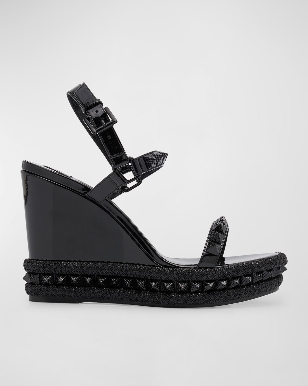 Shop Christian Louboutin Pyraclou Metallic Spike Red Sole Wedge Sandals In Black