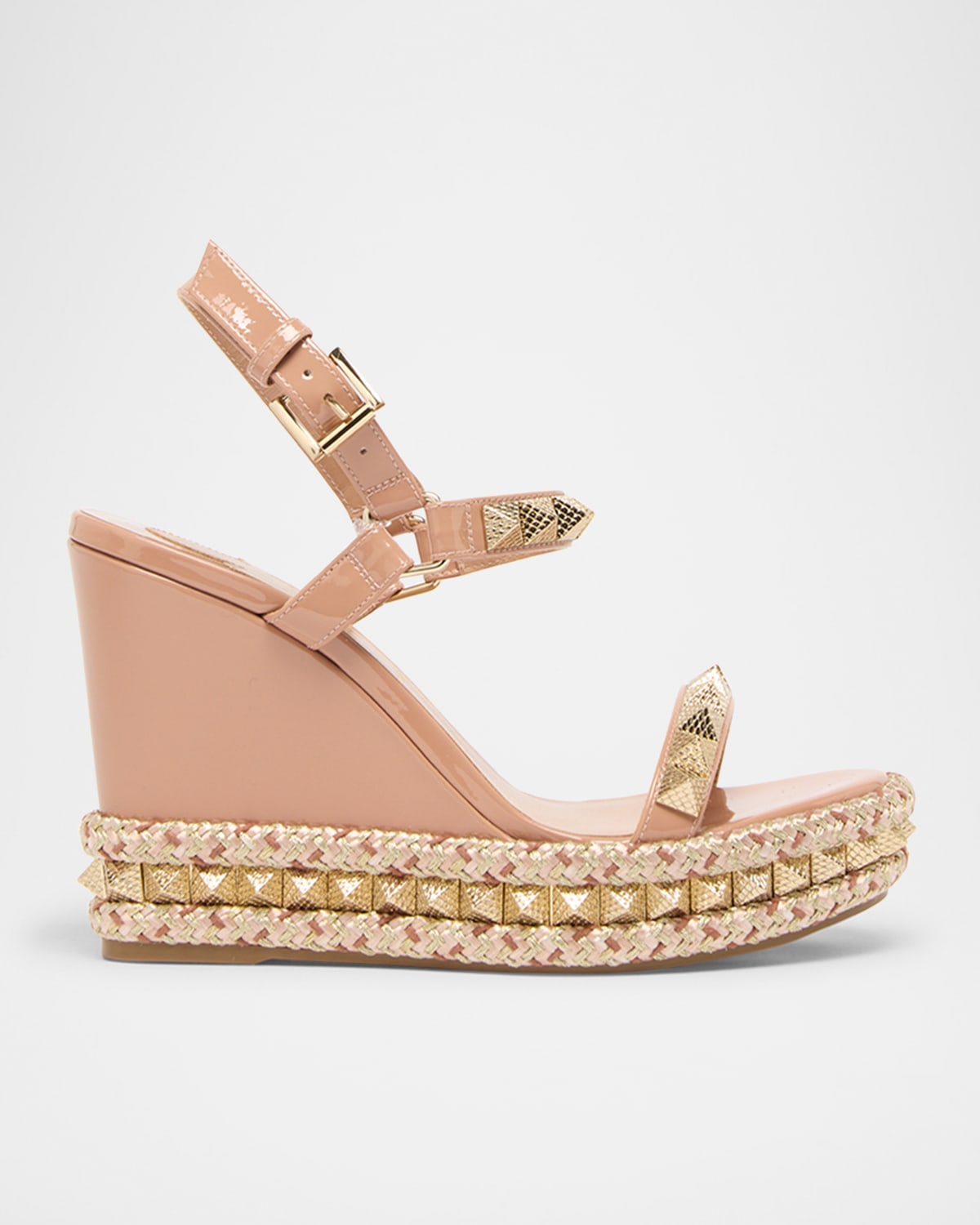 Christian Louboutin Pyraclou Metallic Spike Red Sole Wedge Sandals In Blush