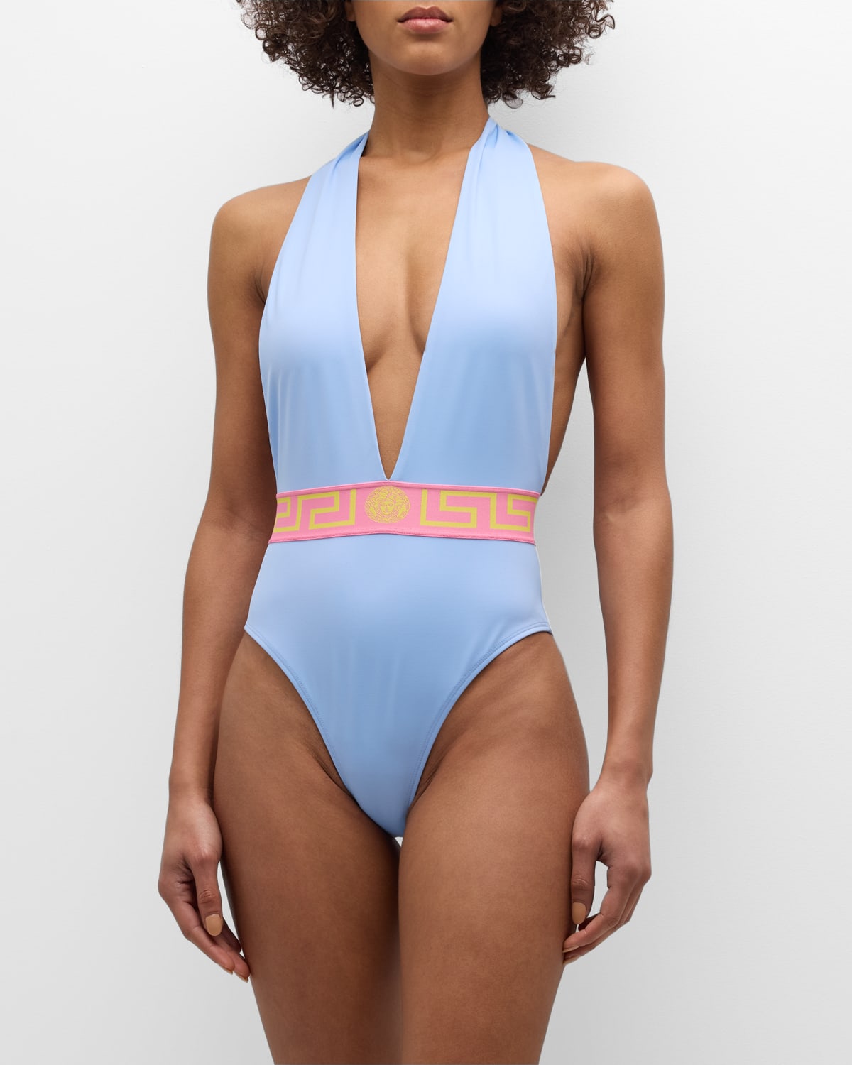Shop Versace Greca Border Backless One-piece Swimsuit In Pastel Blue