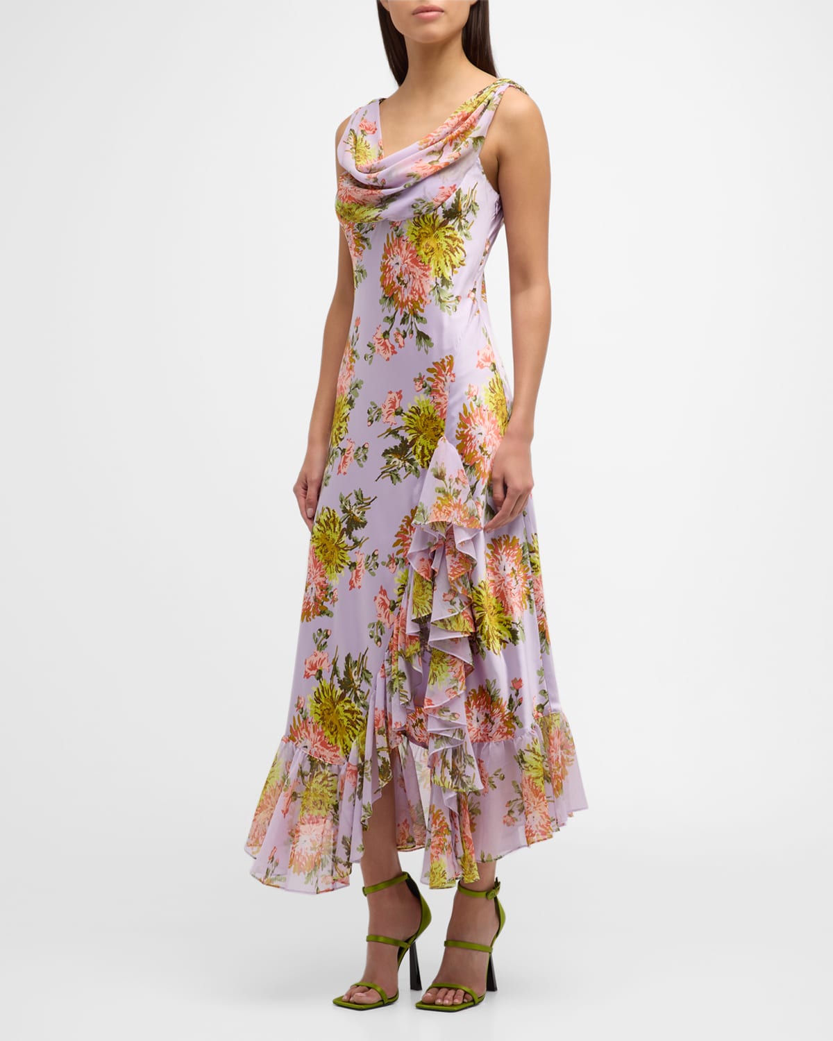 Shop Cinq À Sept Raya Faded Chrysanthemum Sleeveless Cowl Midi Dress In Lilac Multi