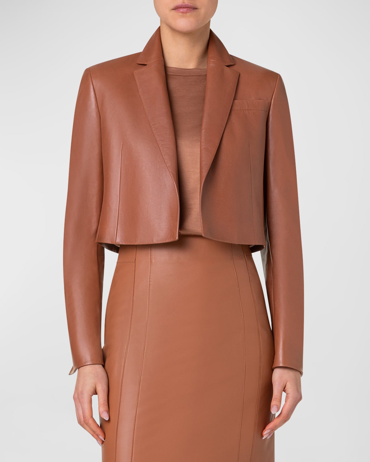 Shop Akris Gian Leather Short Jacket In Vicuna
