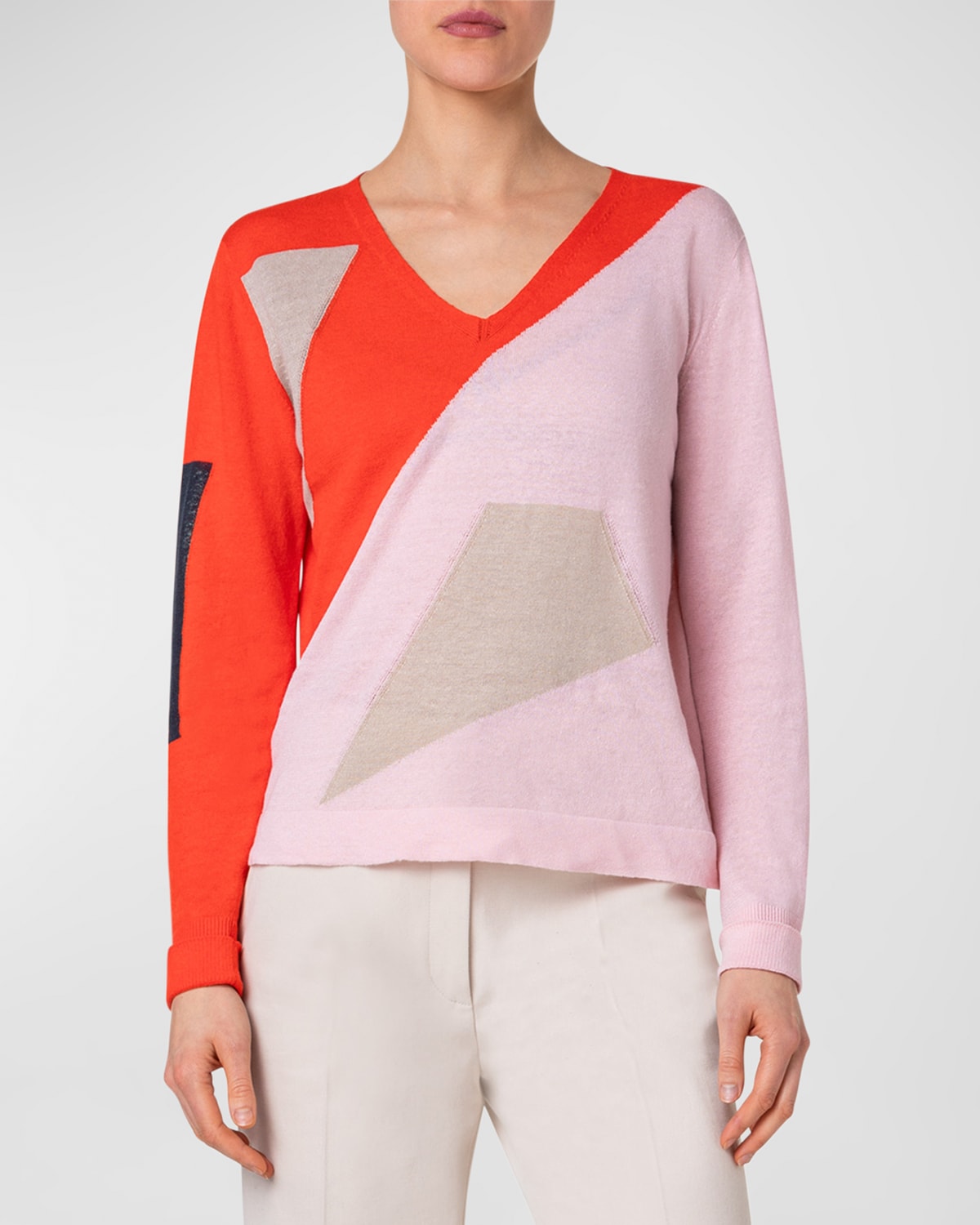 Shop Akris Cotton And Linen Knit Sweater With Spectra Intarsia Details In Poppy-multicolor
