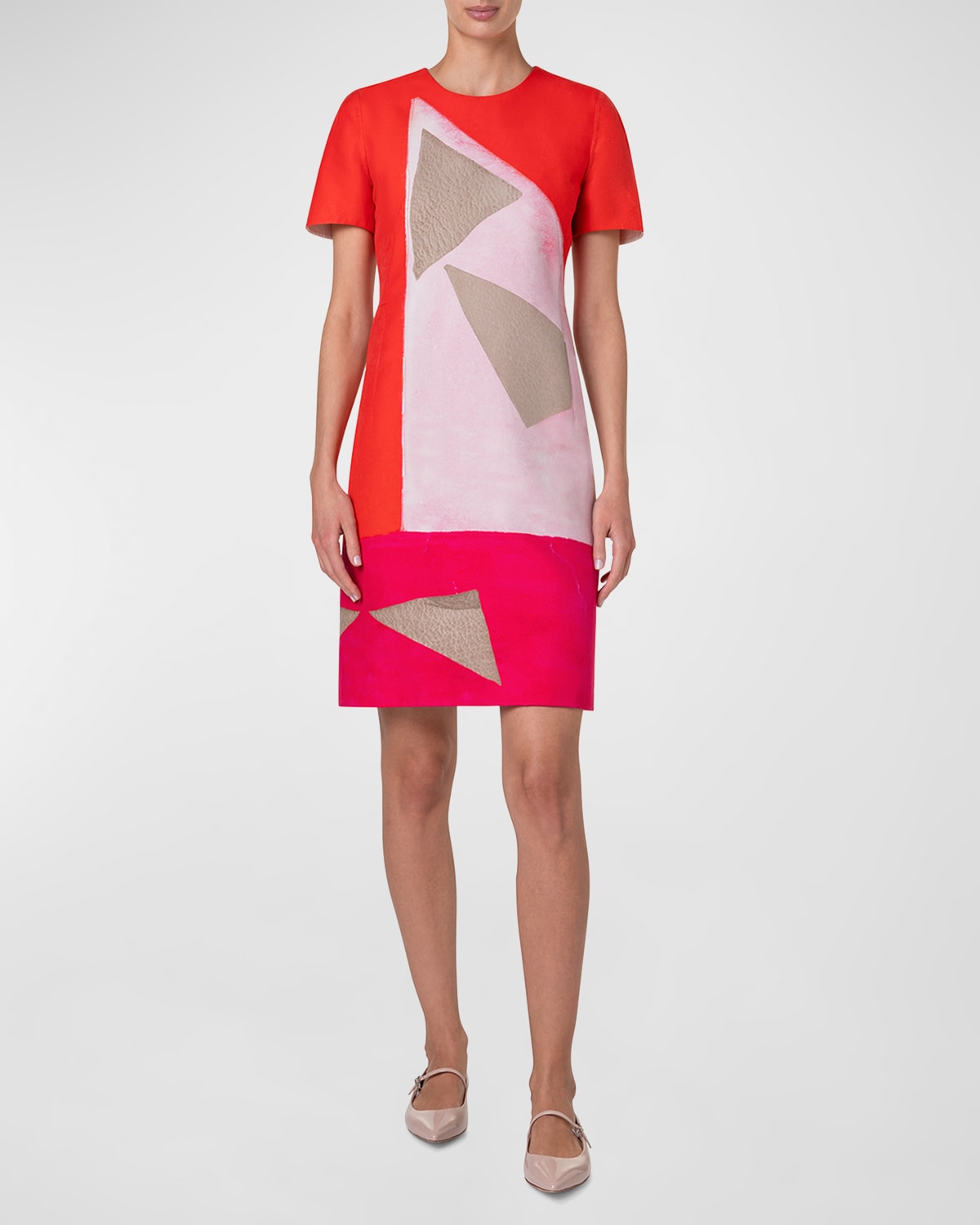Shop Akris Spectra-print Short-sleeve Cotton Silk Double-face Sheath Dress In Poppy-multicolor