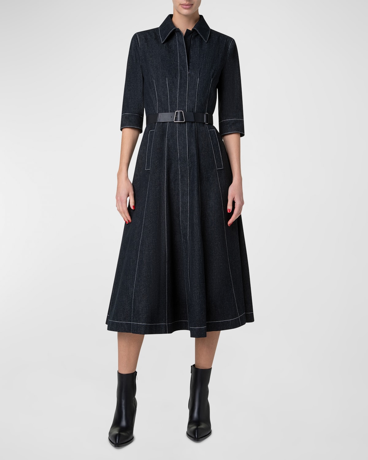 Belted Cotton Denim Midi Dress with Contrast Stitching