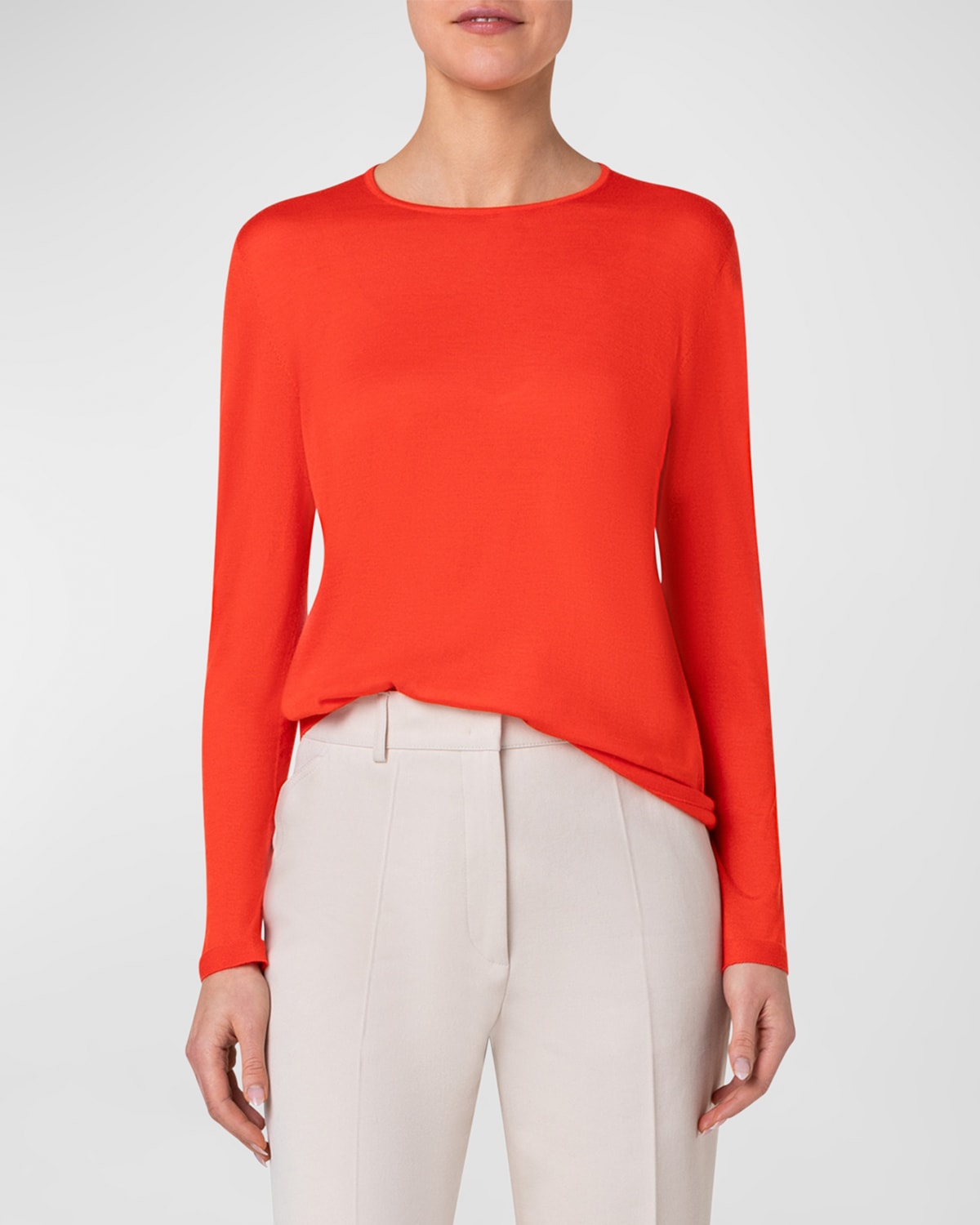 Shop Akris Crewneck Cashmere-silk Seamless Fine Gauge Knit Sweater In Poppy Red