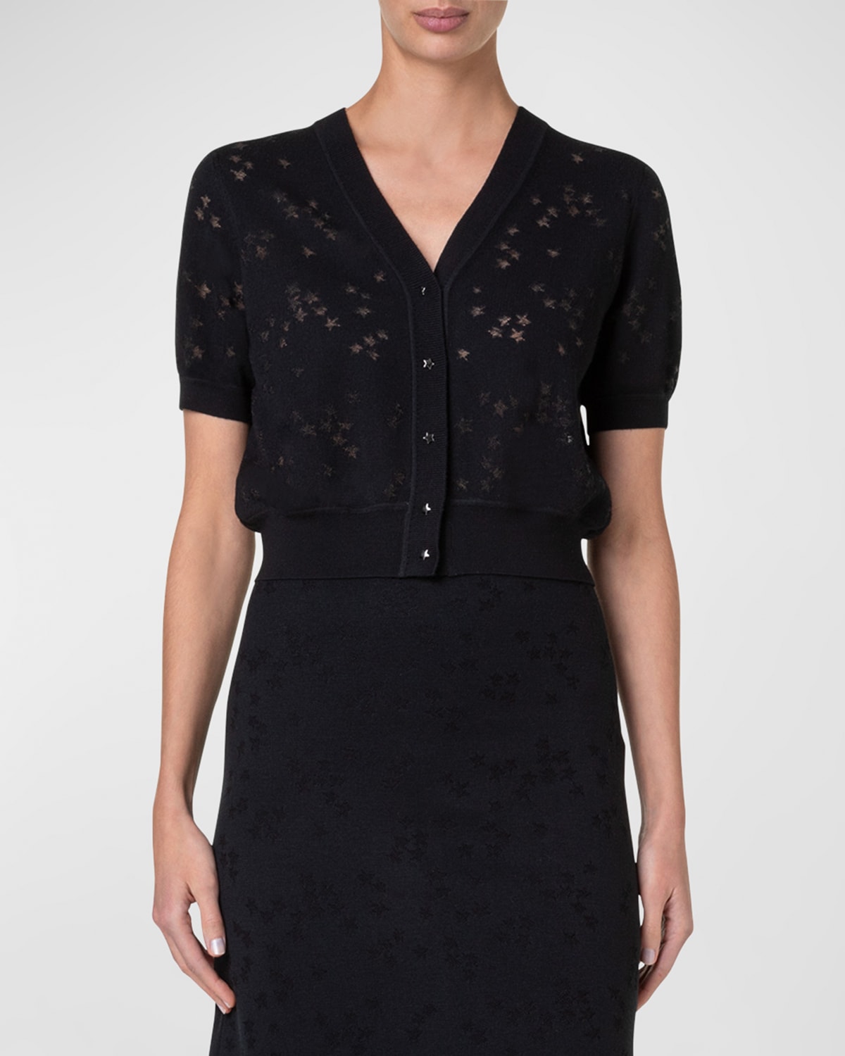 Shop Akris Wool-silk Blend Knit Short Cardigan With Stars Intarsia Detail In Black