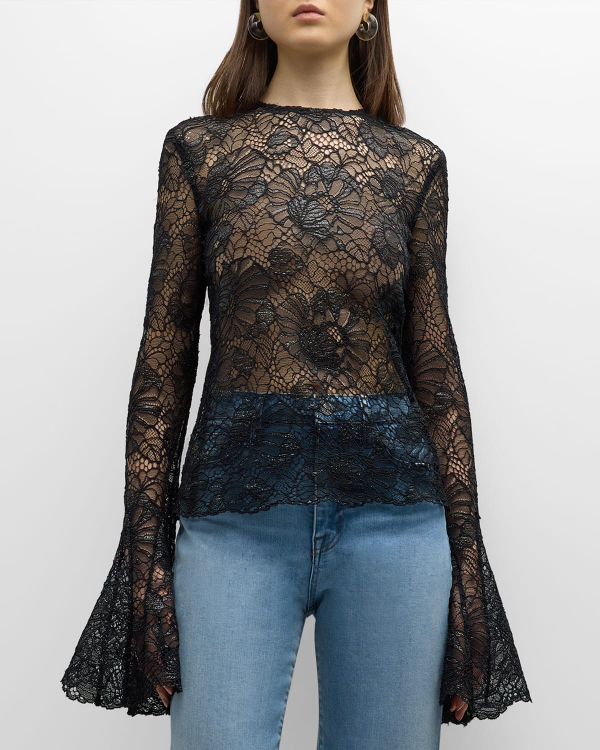 Shop Frame Lace Long-sleeve Blouse In Black