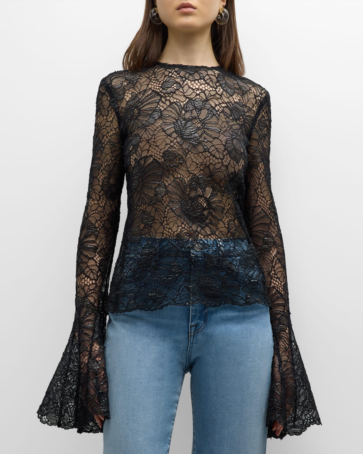 Frame Lace Flutter Sleeve Top In Black