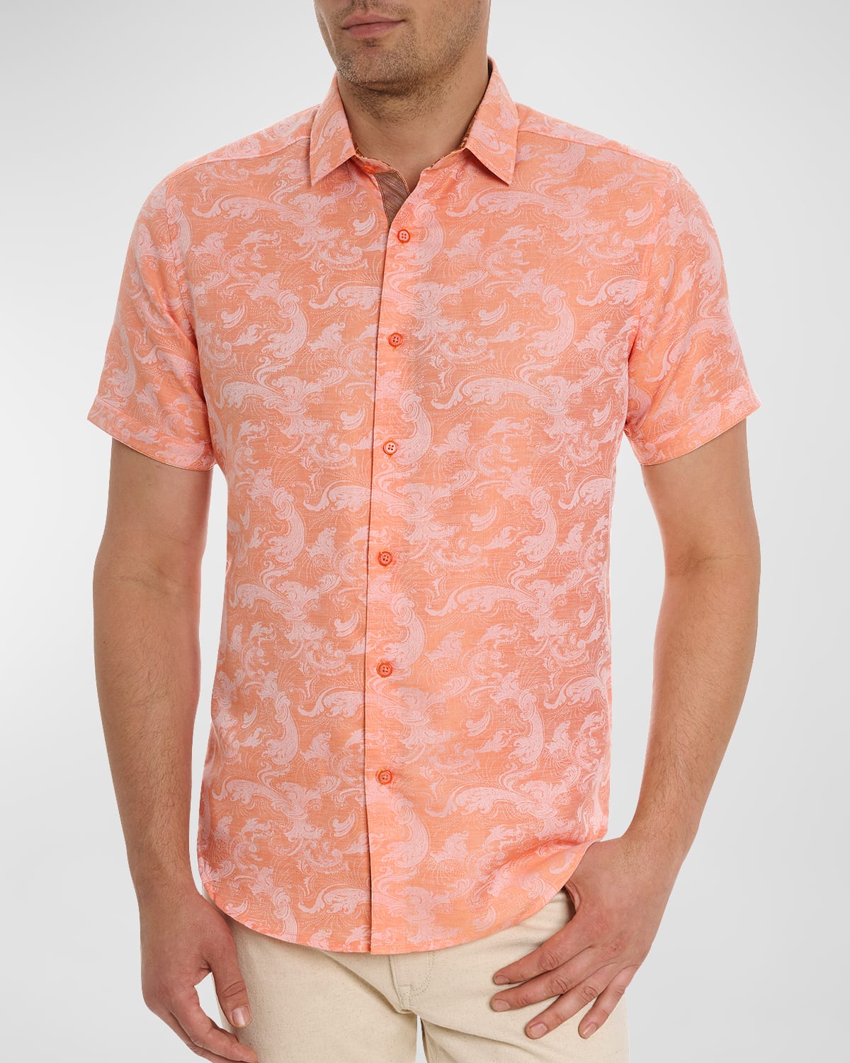 Shop Robert Graham Men's Poseidon Linen-cotton Short-sleeve Shirt In Orange