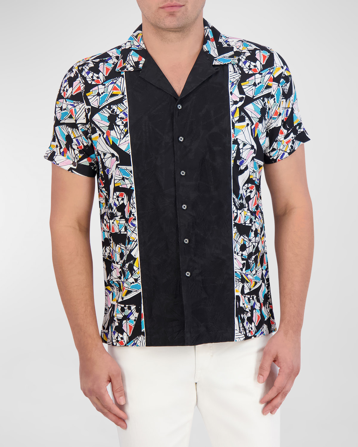 Robert Graham Omura Print Blocked Short Sleeve Button Front Shirt In Multi