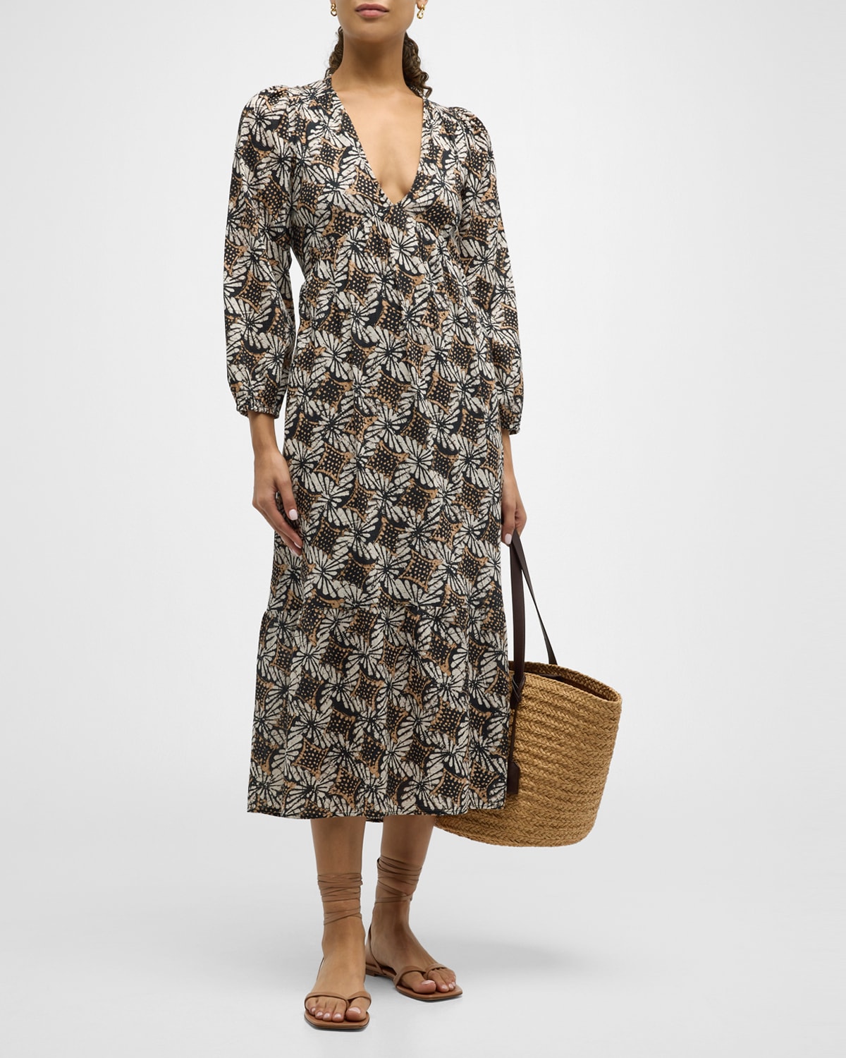 Xirena Ella Abstract-print Cotton Empire Midi Dress In Tobacco Petal