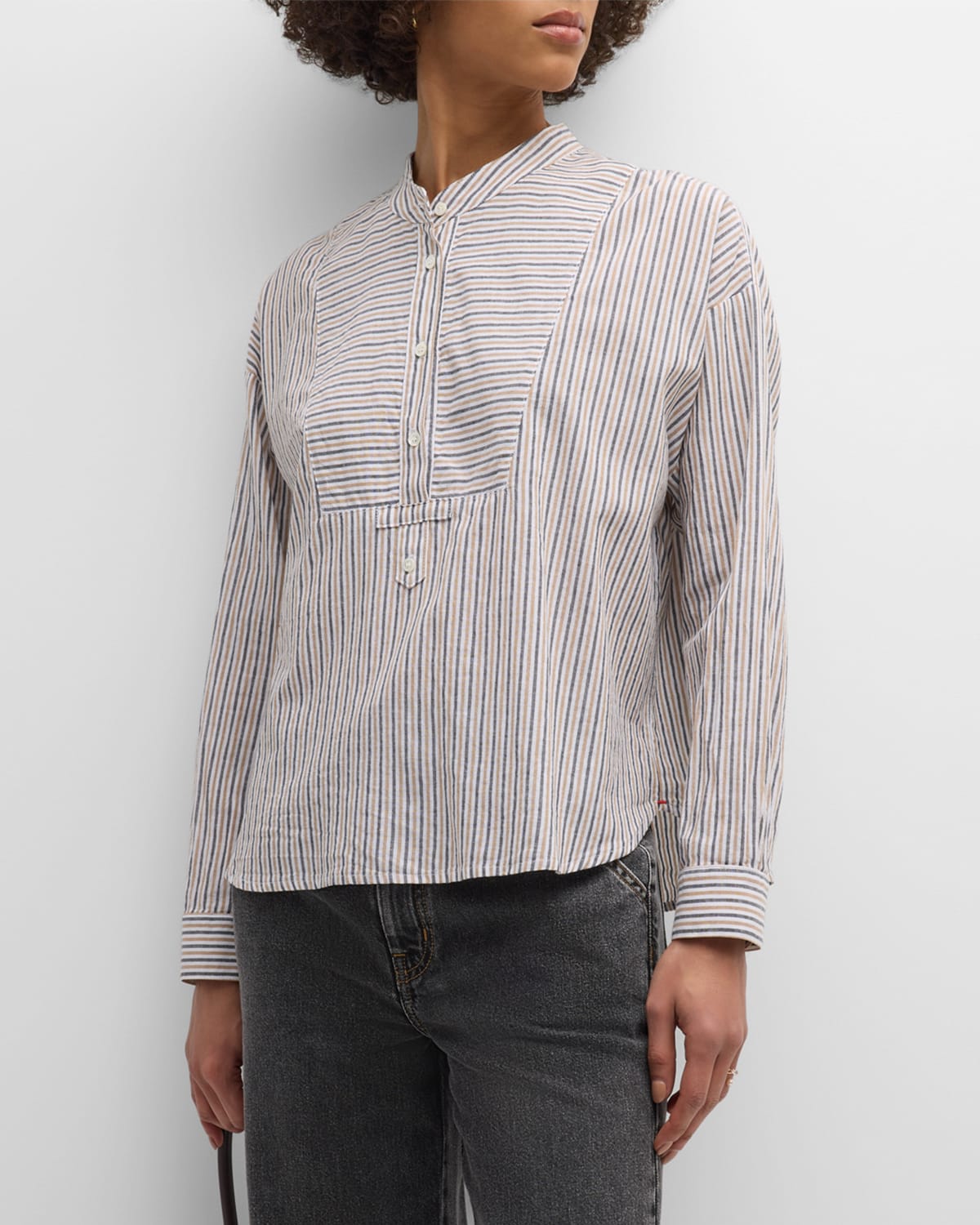 Xirena Jones Striped Band-collar Cotton Shirt In Mocha Stripe