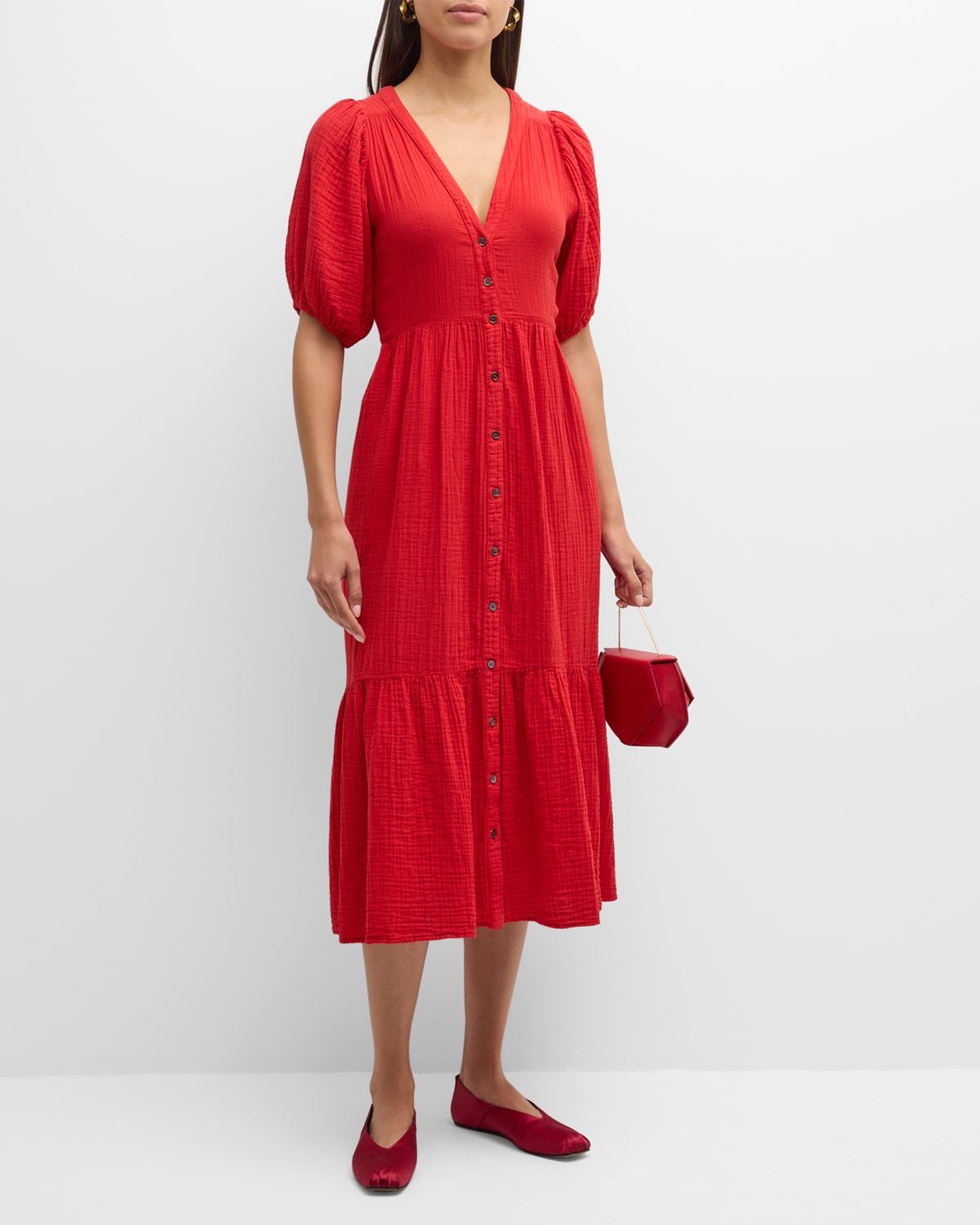 Xirena Lennox Blouson-sleeve Cotton Gauze Midi Dress In Real Red