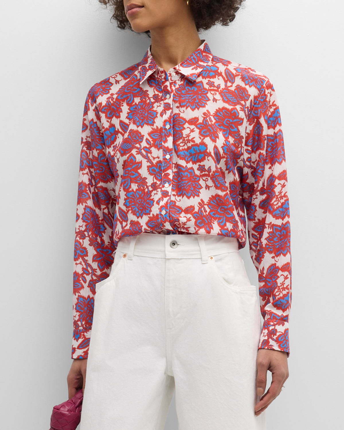 Shop Xirena Beau Floral-print Button-down Cotton-silk Shirt In Electric Red