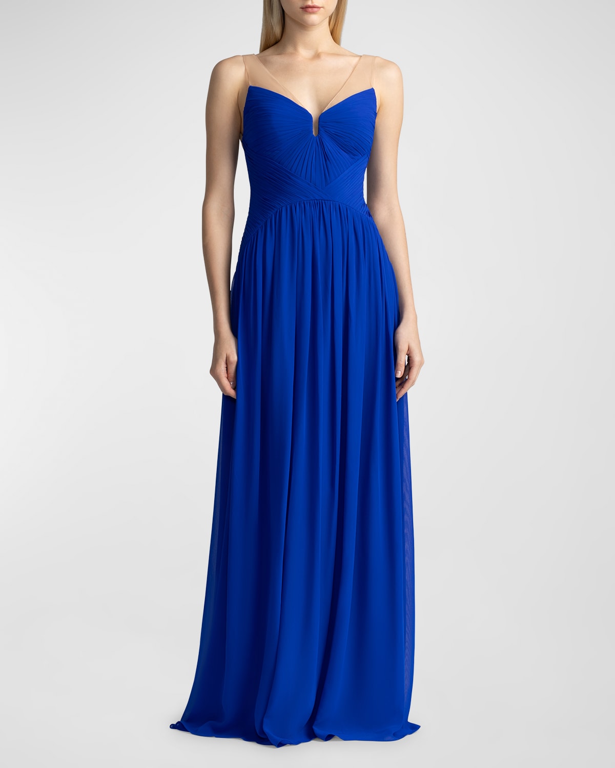 Shop Zac Posen Pleated Sleeveless Illusion Chiffon Gown In Cobalt Blue
