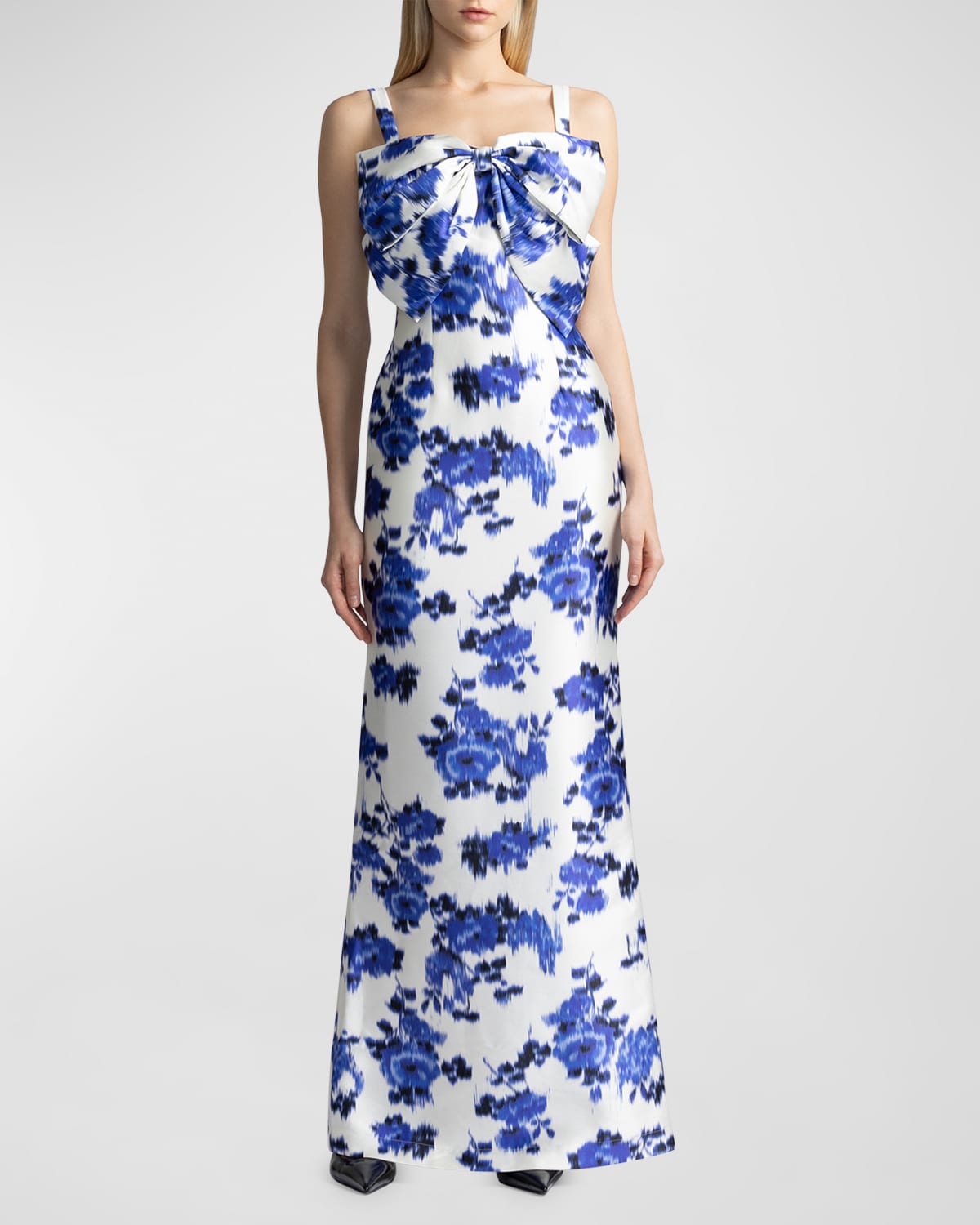 Sleeveless Floral-Print Bow-Front Mikado Gown