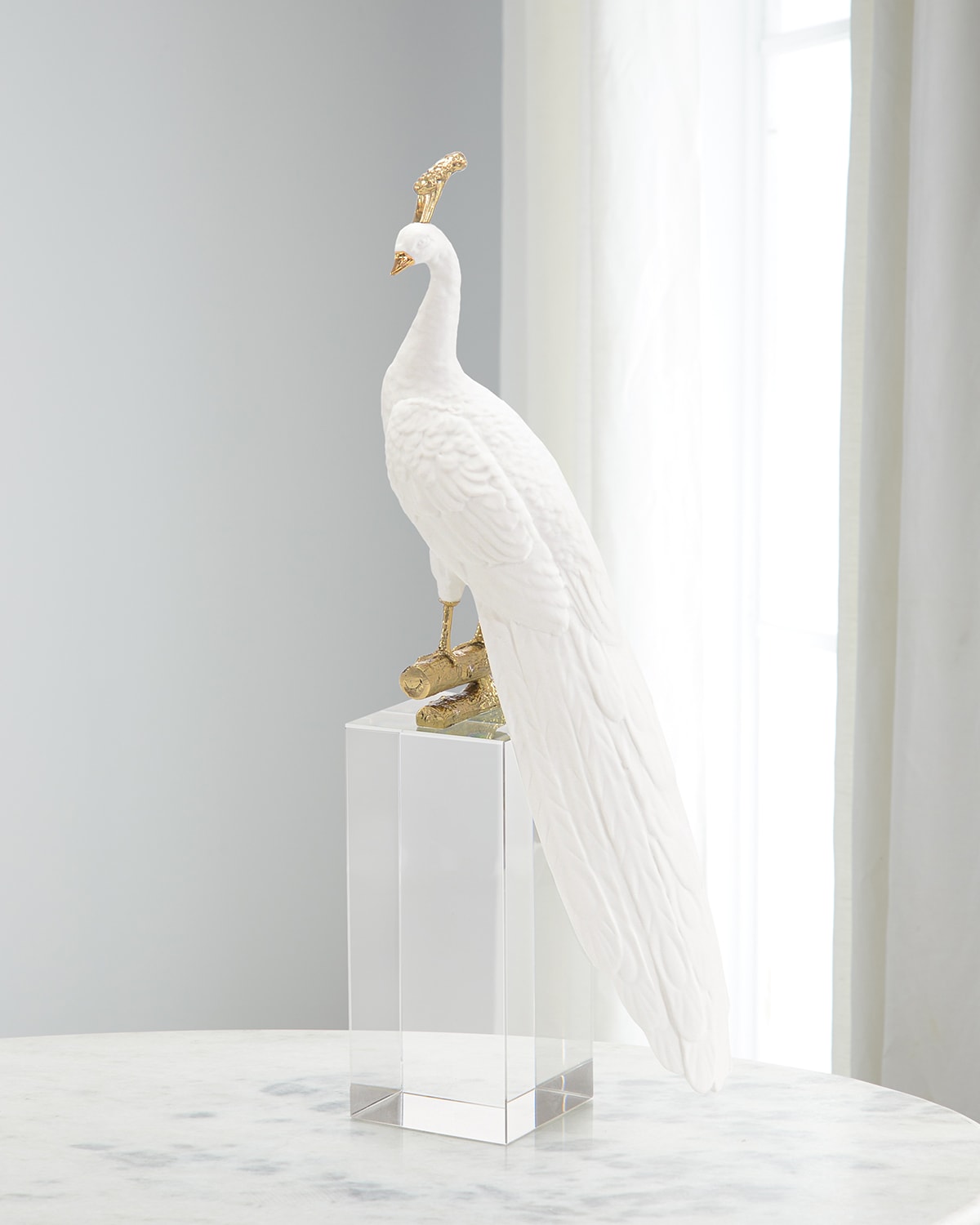 John-richard Collection White Peacock Sculpture On Crystal Base I In Brass