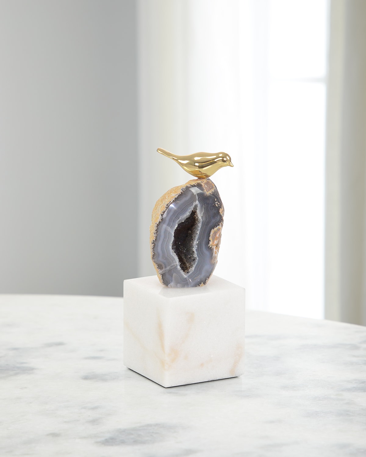 John-richard Collection Small Agate Roost Sculpture On Marble Base In Brown