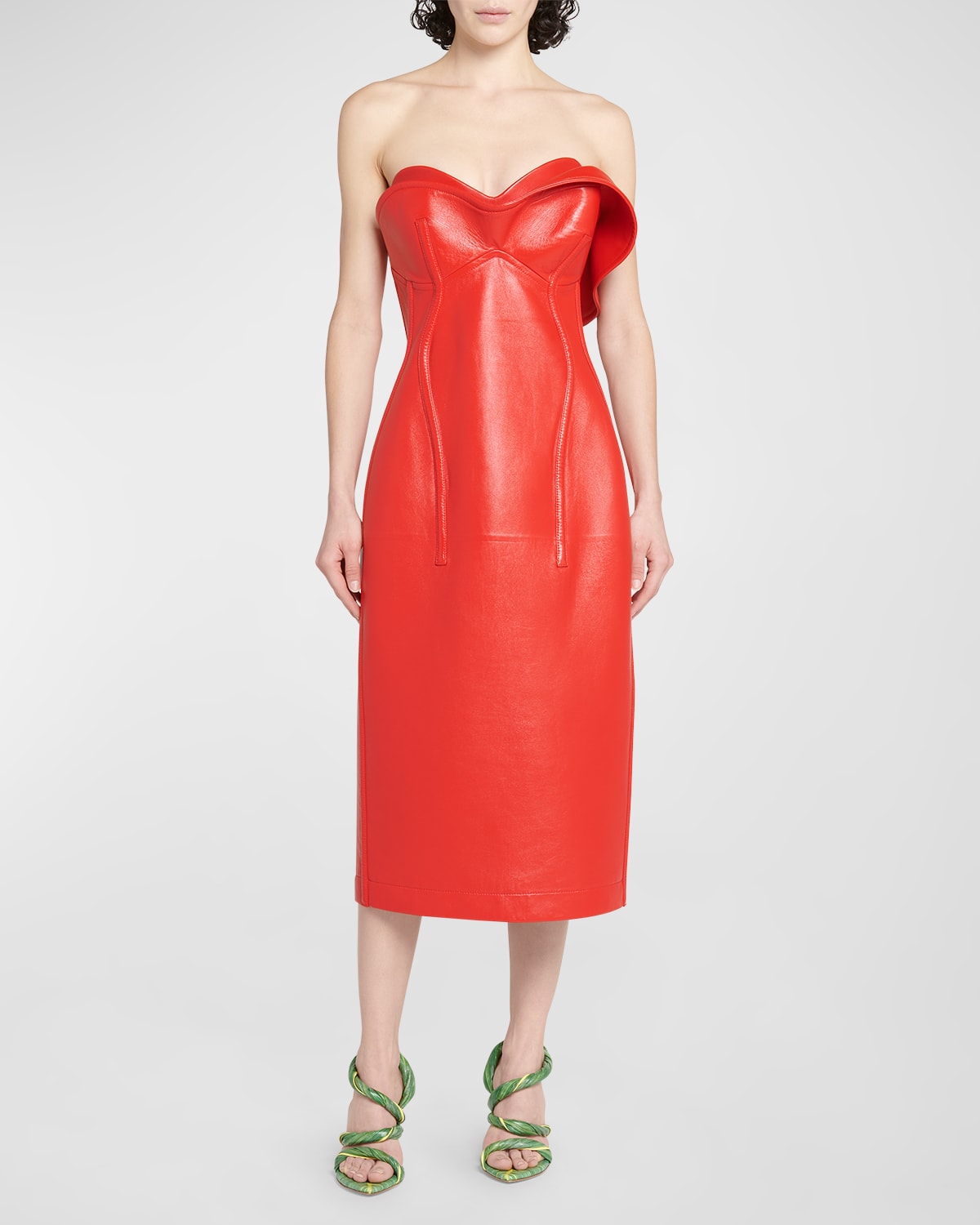 Shop Bottega Veneta Thick Glossy Leather Bustier Dress In Rosso