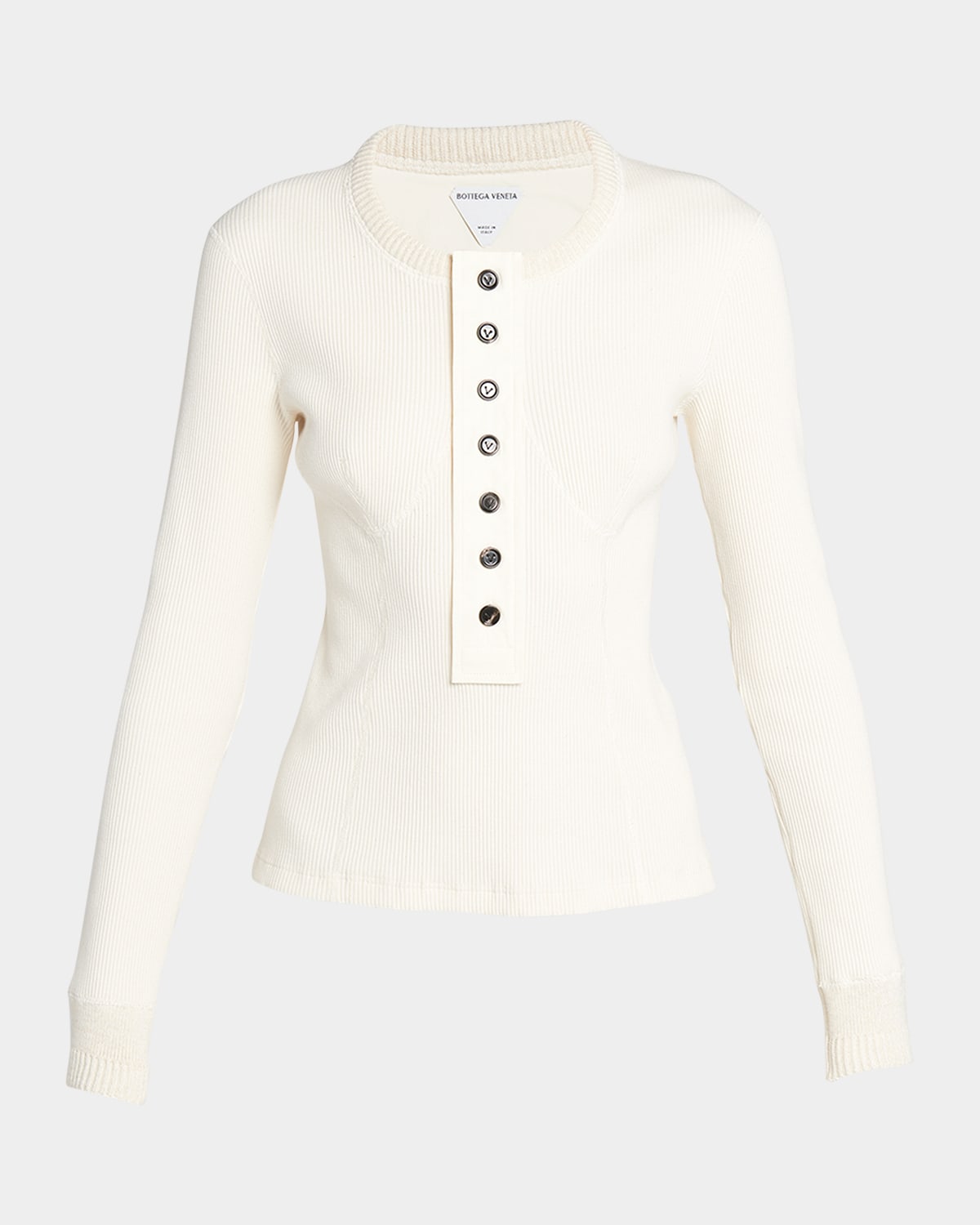 Bottega Veneta Crew Neck Ribbed Stretch Cotton Sweater With Buttons In Biancomult