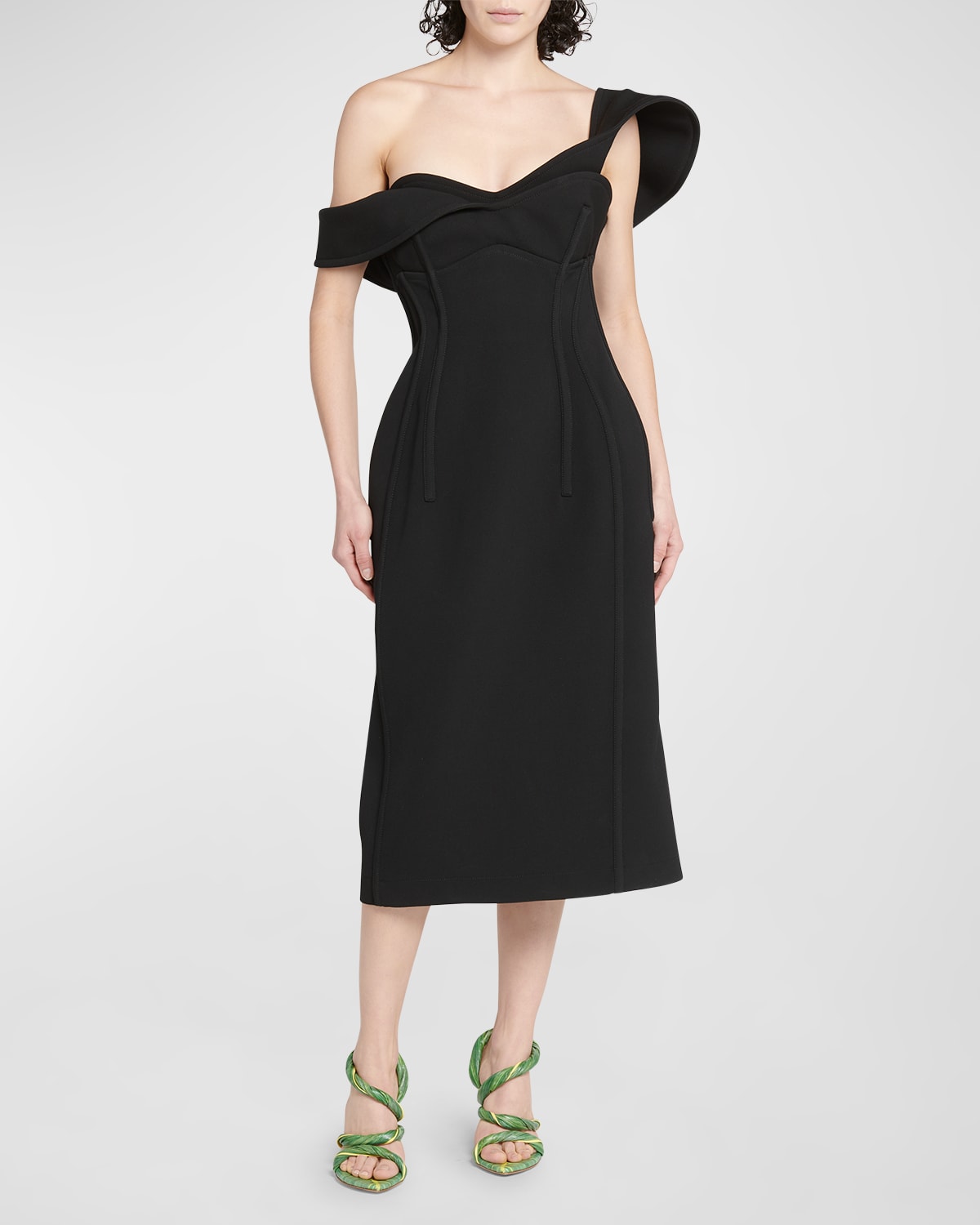 Shop Bottega Veneta Off-the-shoulder Bonded Wool Tricotine Midi Bustier Dress In Nero