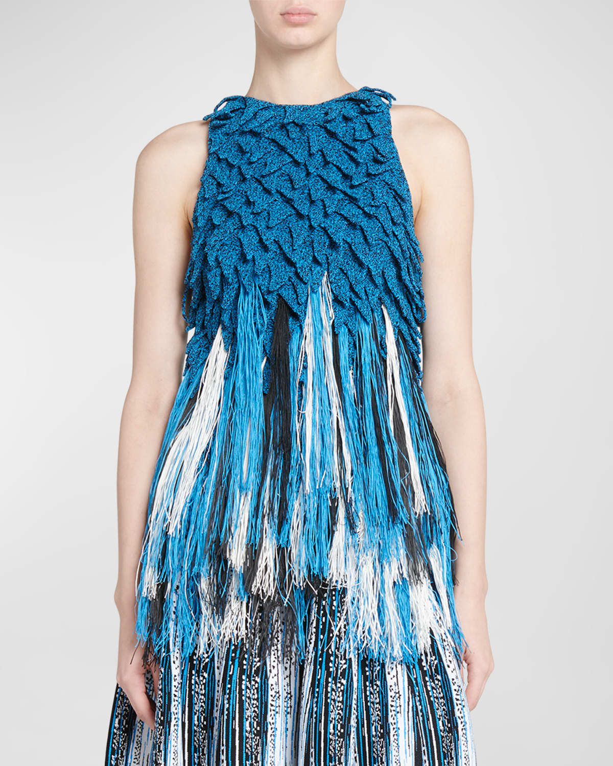 Shop Bottega Veneta Sleeveless Fringe Empire-waist Textured Knit Top In Blue/black
