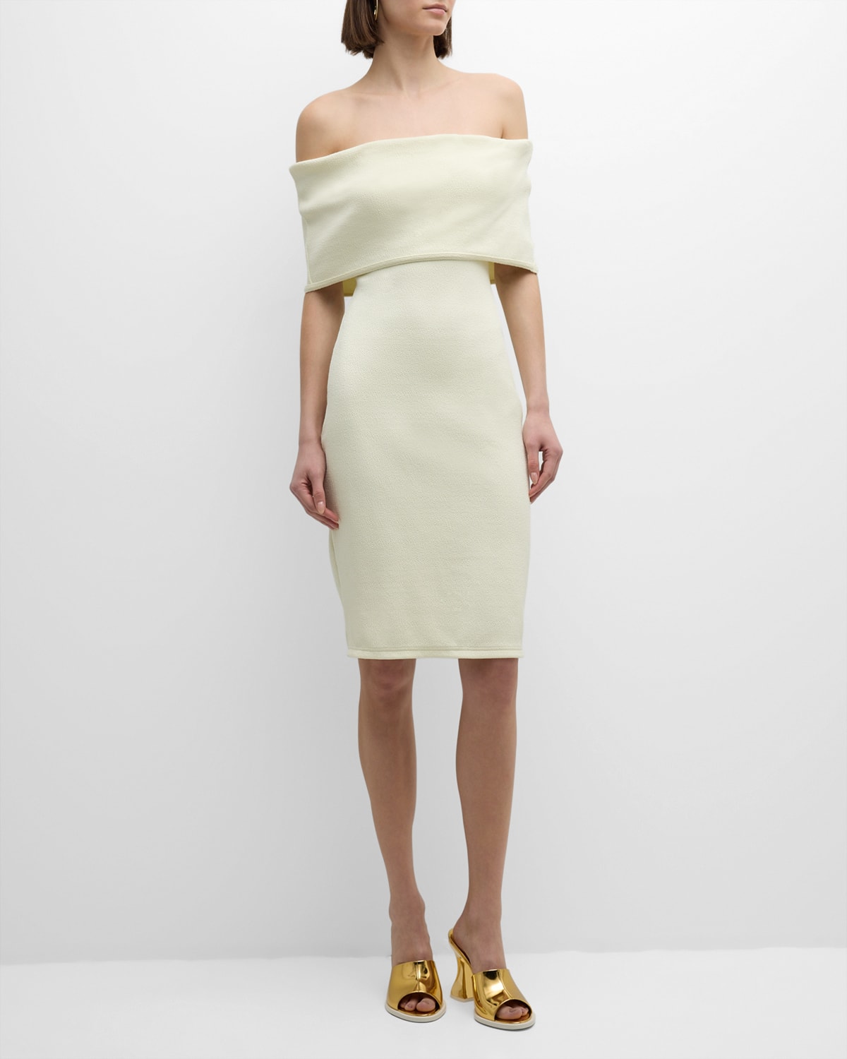 Shop Bottega Veneta Textured Nylon Off-shoulder Midi Dress In Bitter