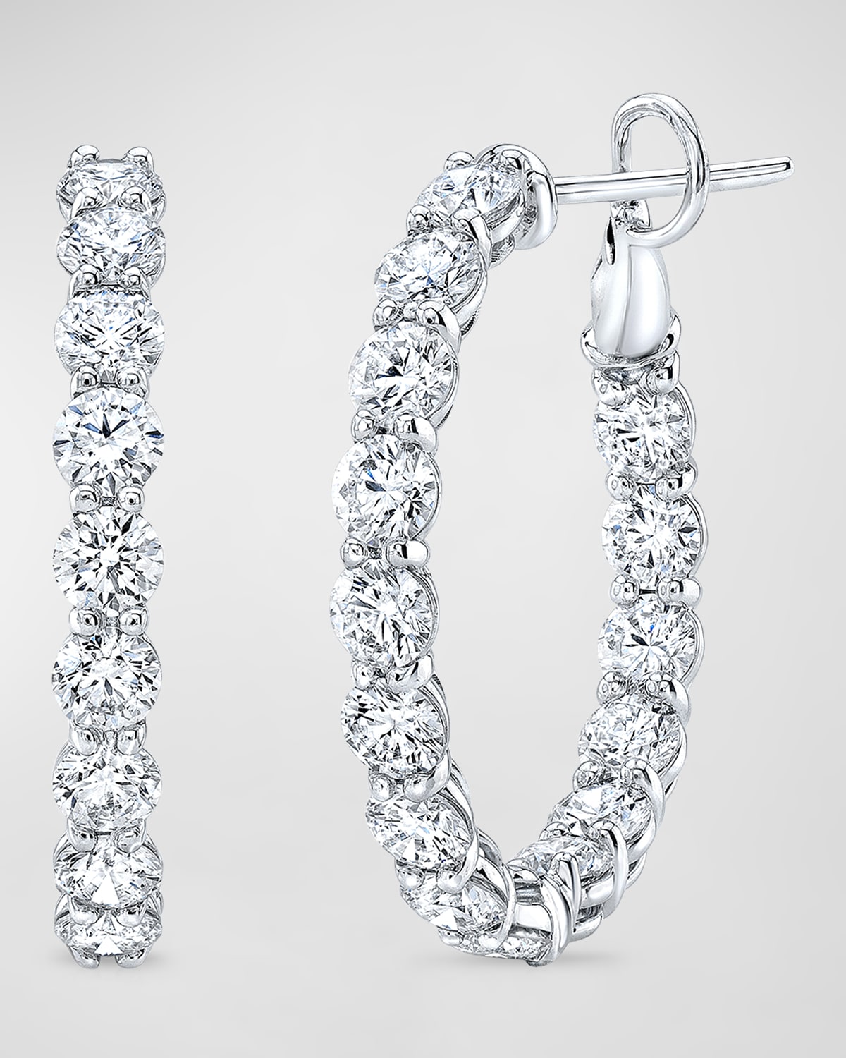18K White Gold Round Diamond Hoop Earrings, 1"L