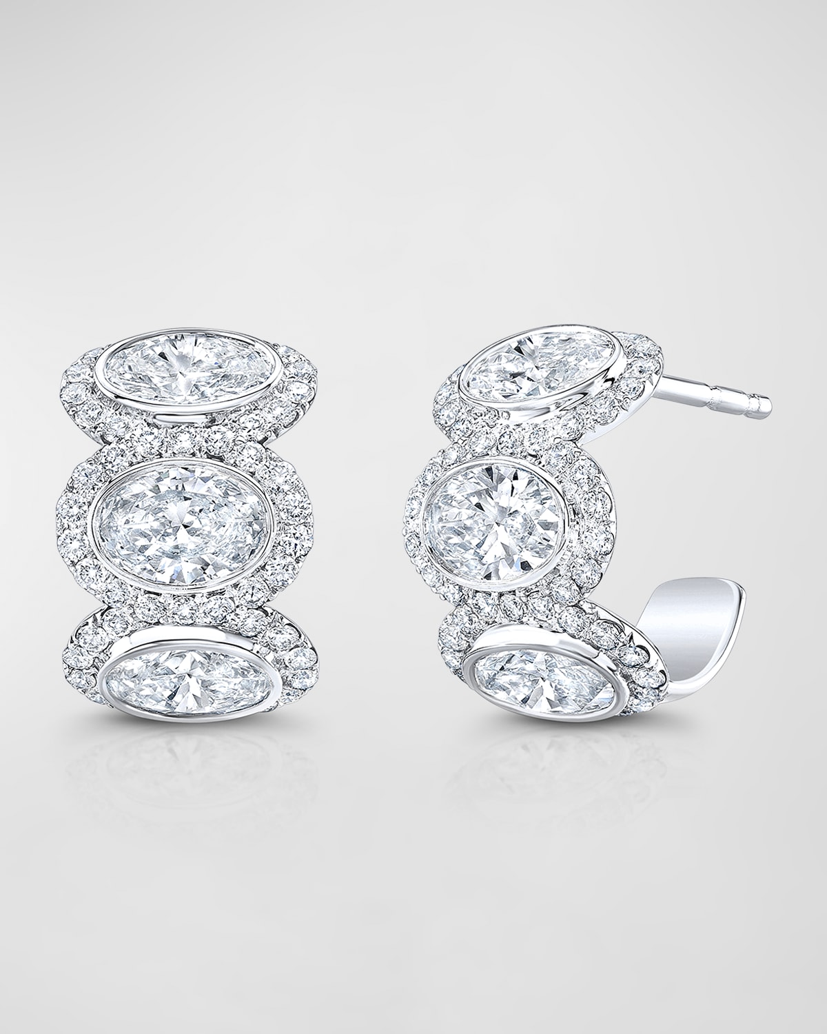 Rahaminov Diamonds 18k White Gold 6 Oval Diamond And Halo Huggie Earrings In Metallic