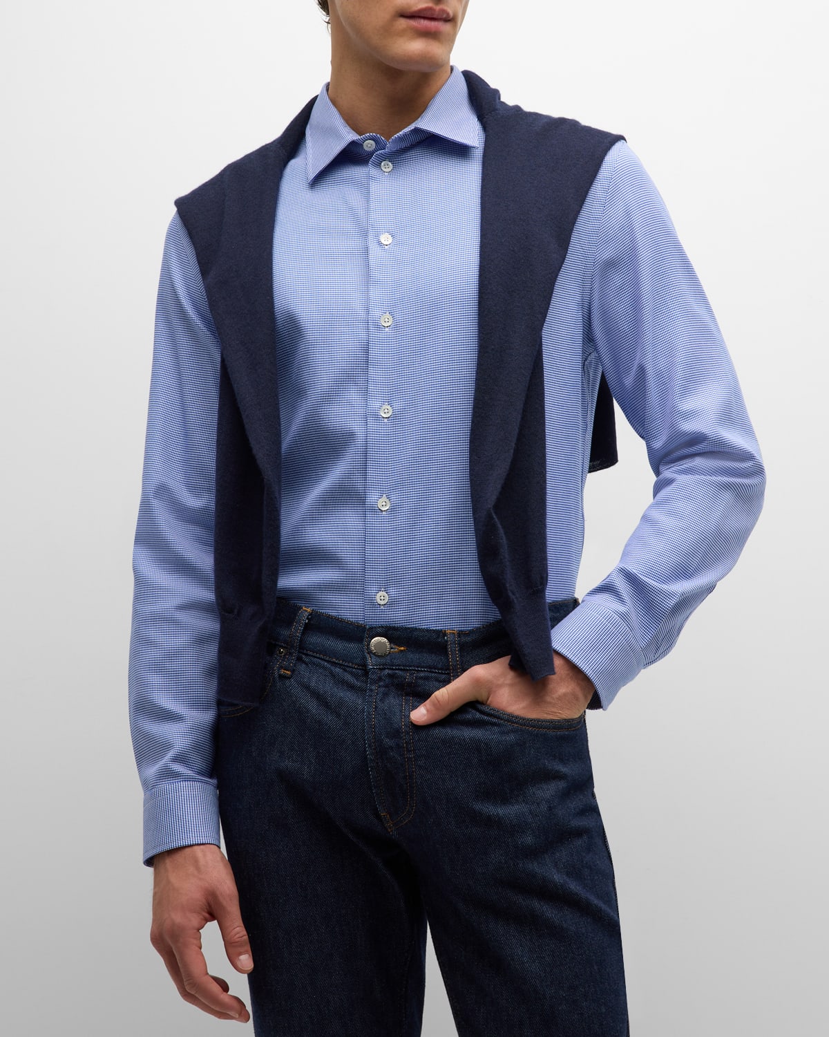 Shop Emporio Armani Men's Cotton Micro-houndstooth Sport Shirt In Solid Medium Blue