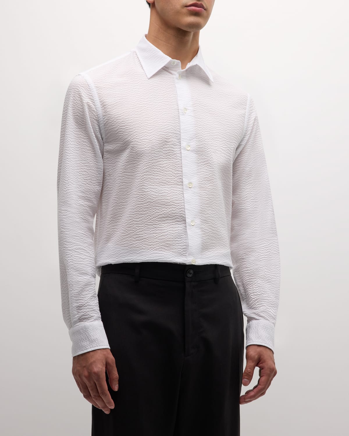 Shop Emporio Armani Men's Cotton Seersucker Sport Shirt In White