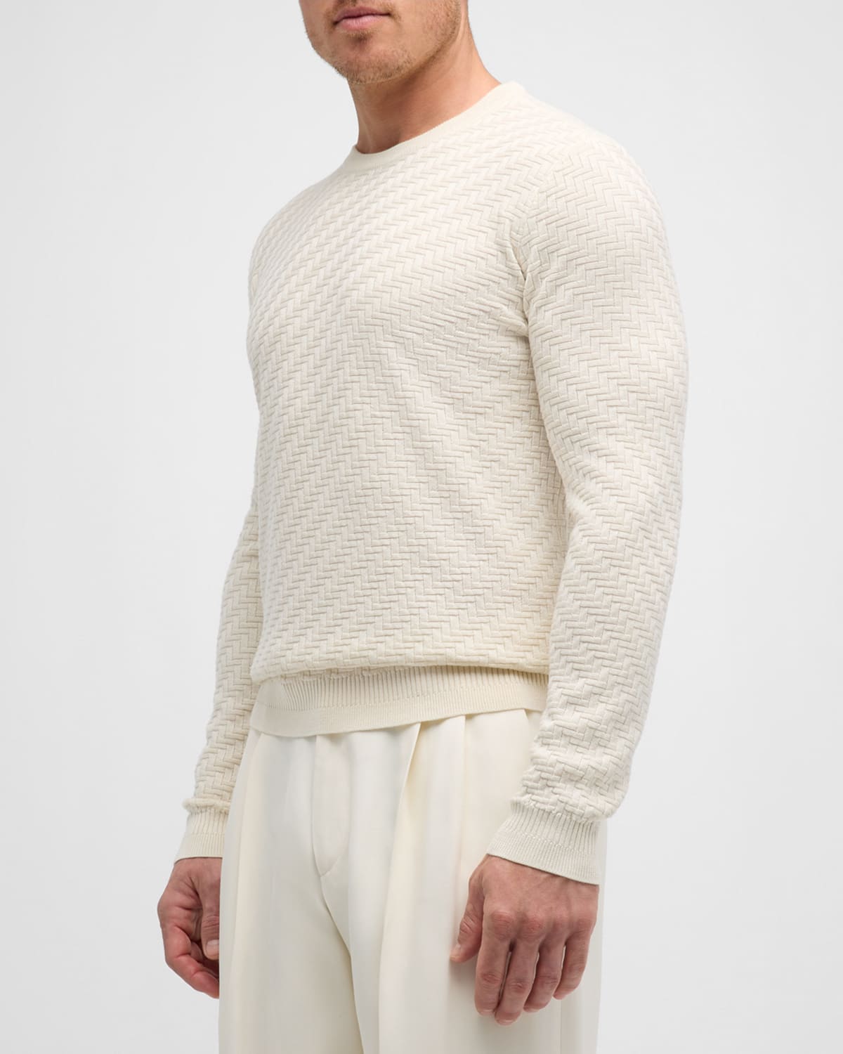 Shop Emporio Armani Men's Chevron Knit Crewneck Sweater In Off White