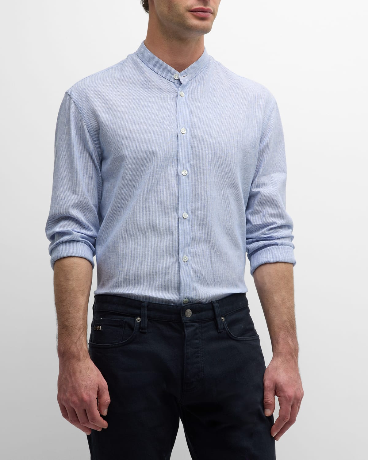 Emporio Armani Men's Nehru Linen-cotton Casual Button-down Shirt In Blue